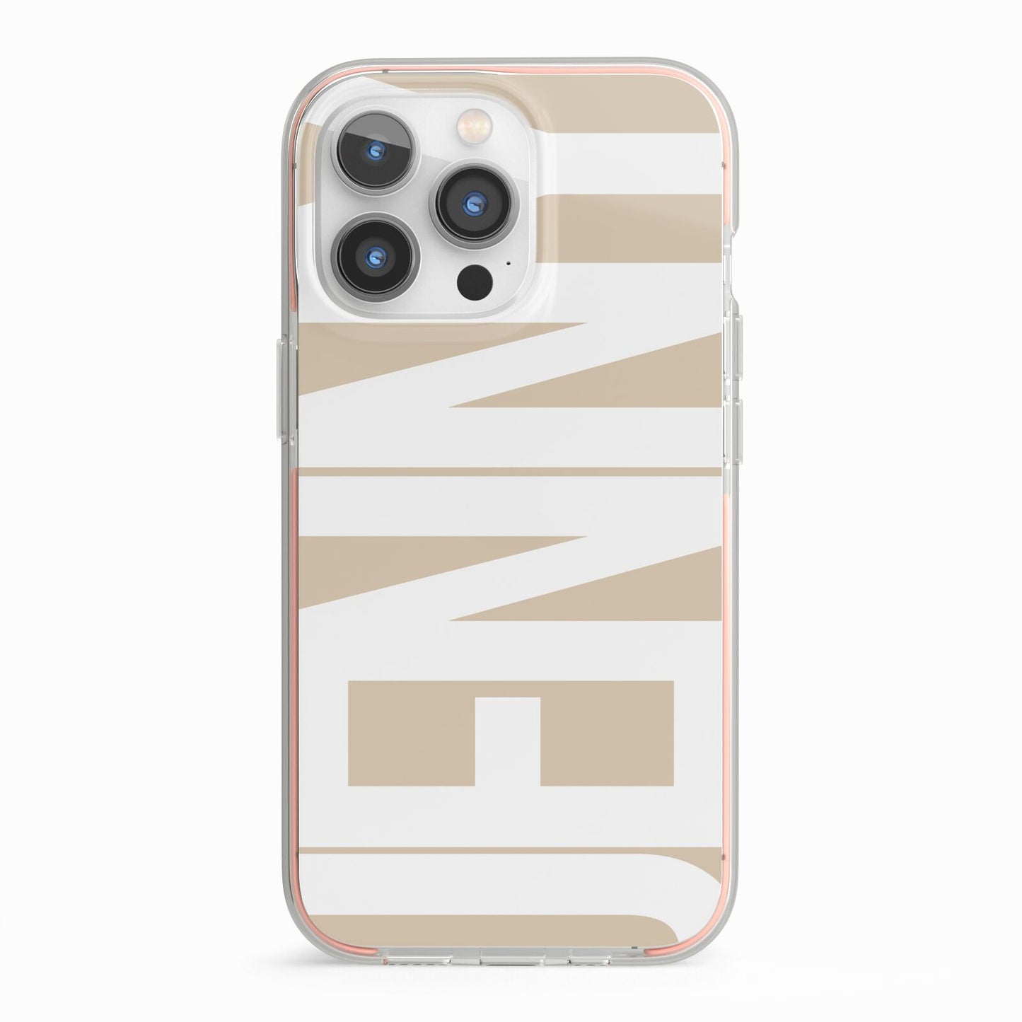 Taupe with Bold White Name iPhone 13 Pro TPU Impact Case with Pink Edges