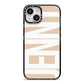Taupe with Bold White Name iPhone 14 Black Impact Case on Silver phone