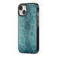 Teal Snakeskin iPhone 14 Black Impact Case Side Angle on Silver phone