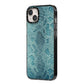 Teal Snakeskin iPhone 14 Plus Black Impact Case Side Angle on Silver phone