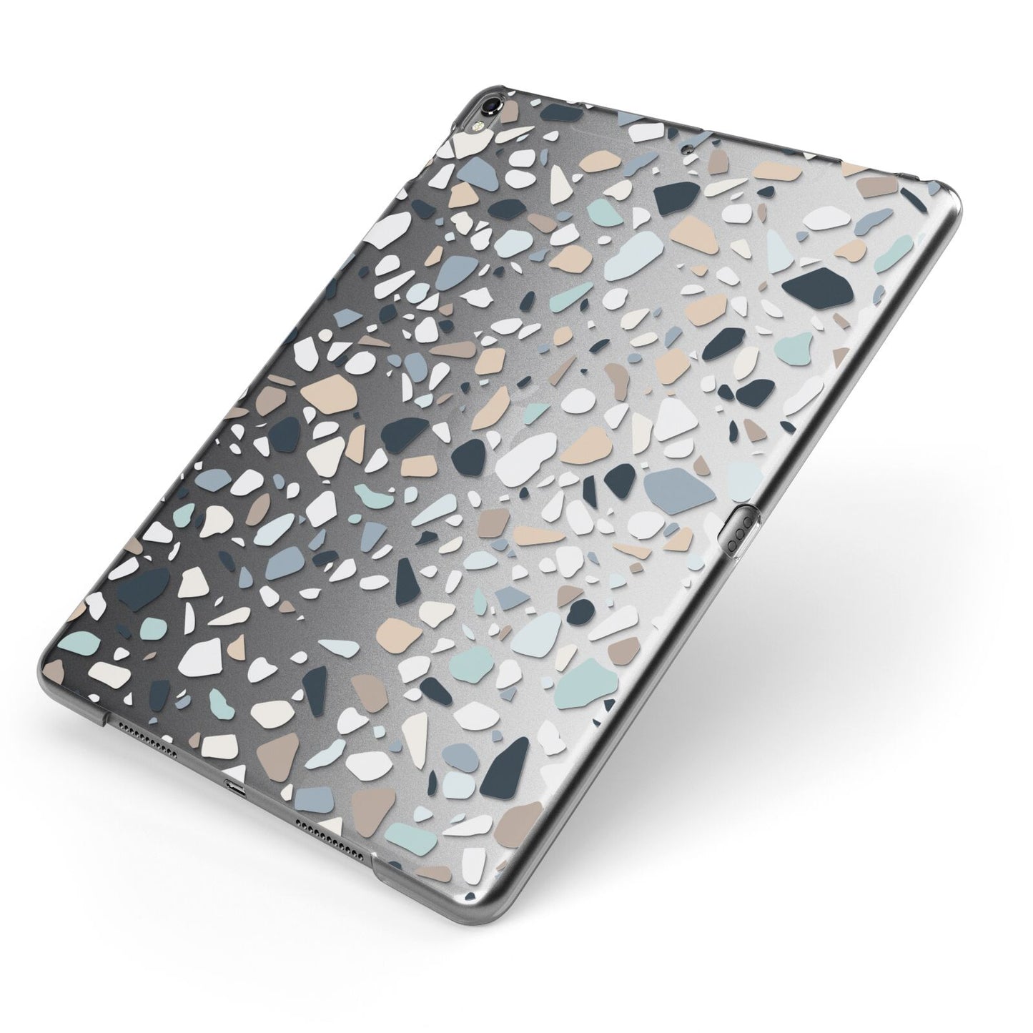 Clear Terrazzo Pattern Apple iPad Case on Grey iPad Side View
