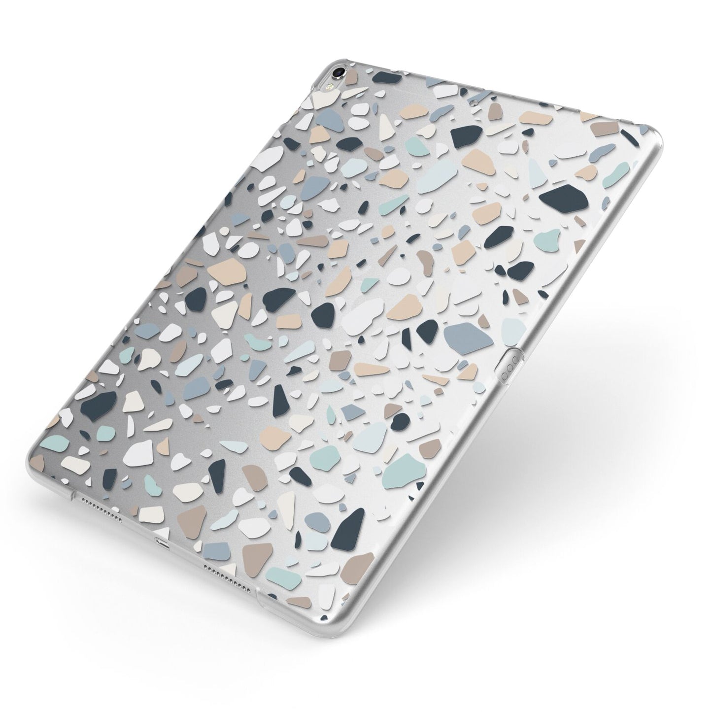 Clear Terrazzo Pattern Apple iPad Case on Silver iPad Side View