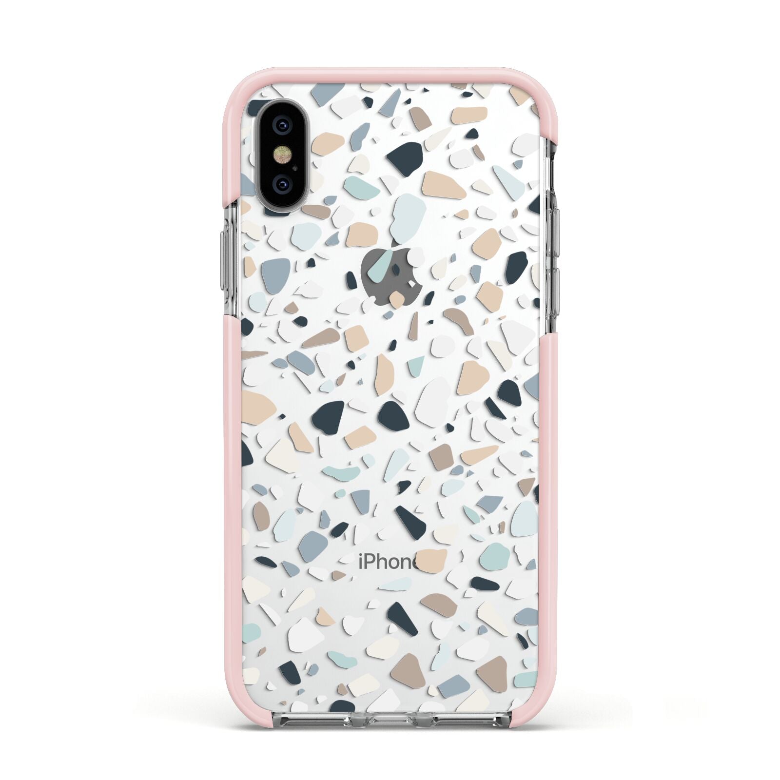 Terrazzo Pattern Apple iPhone Xs Impact Case Pink Edge on Silver Phone