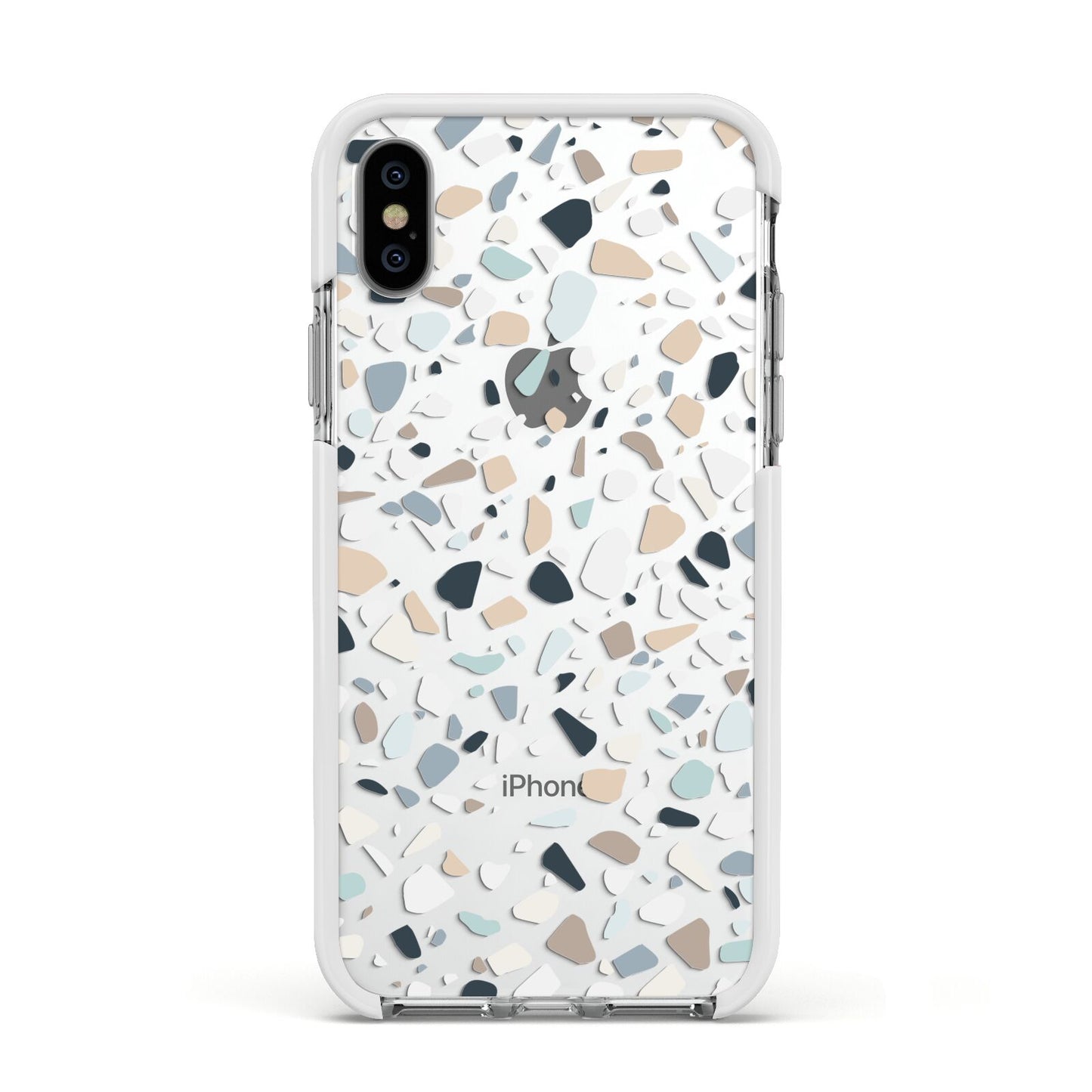 Terrazzo Pattern Apple iPhone Xs Impact Case White Edge on Silver Phone