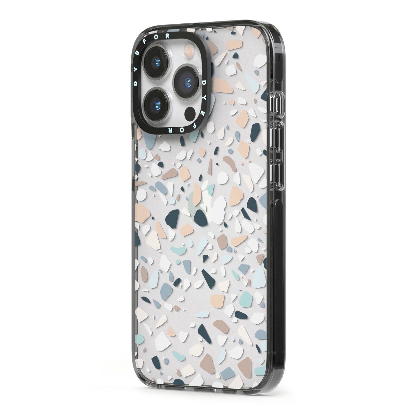 Terrazzo Pattern iPhone 13 Pro Black Impact Case Side Angle on Silver phone