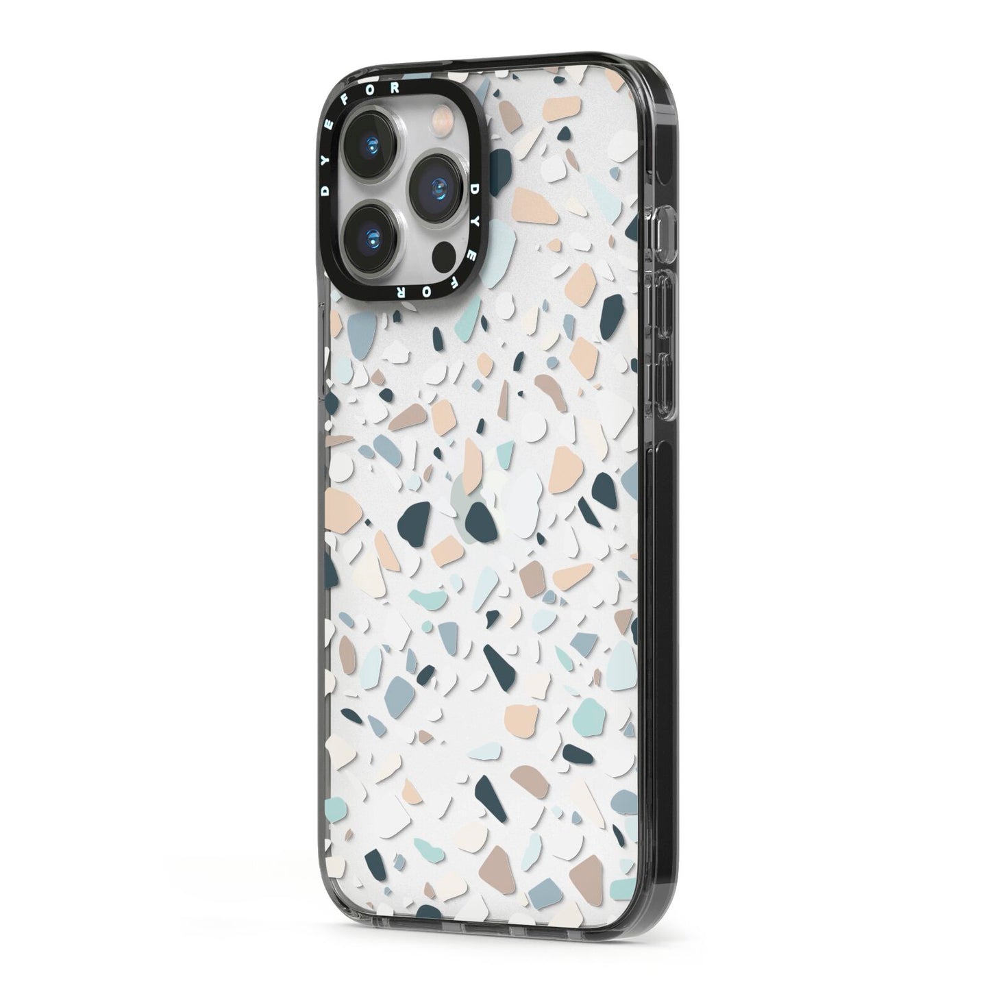 Terrazzo Pattern iPhone 13 Pro Max Black Impact Case Side Angle on Silver phone
