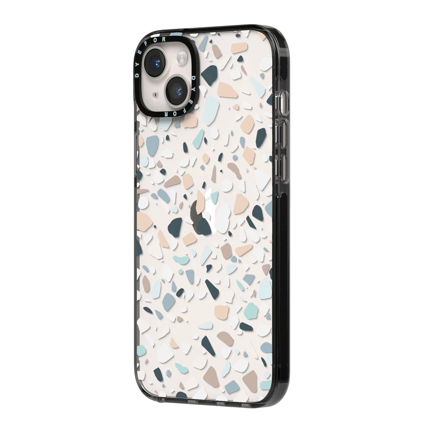 Terrazzo Pattern iPhone 14 Plus Black Impact Case Side Angle on Silver phone