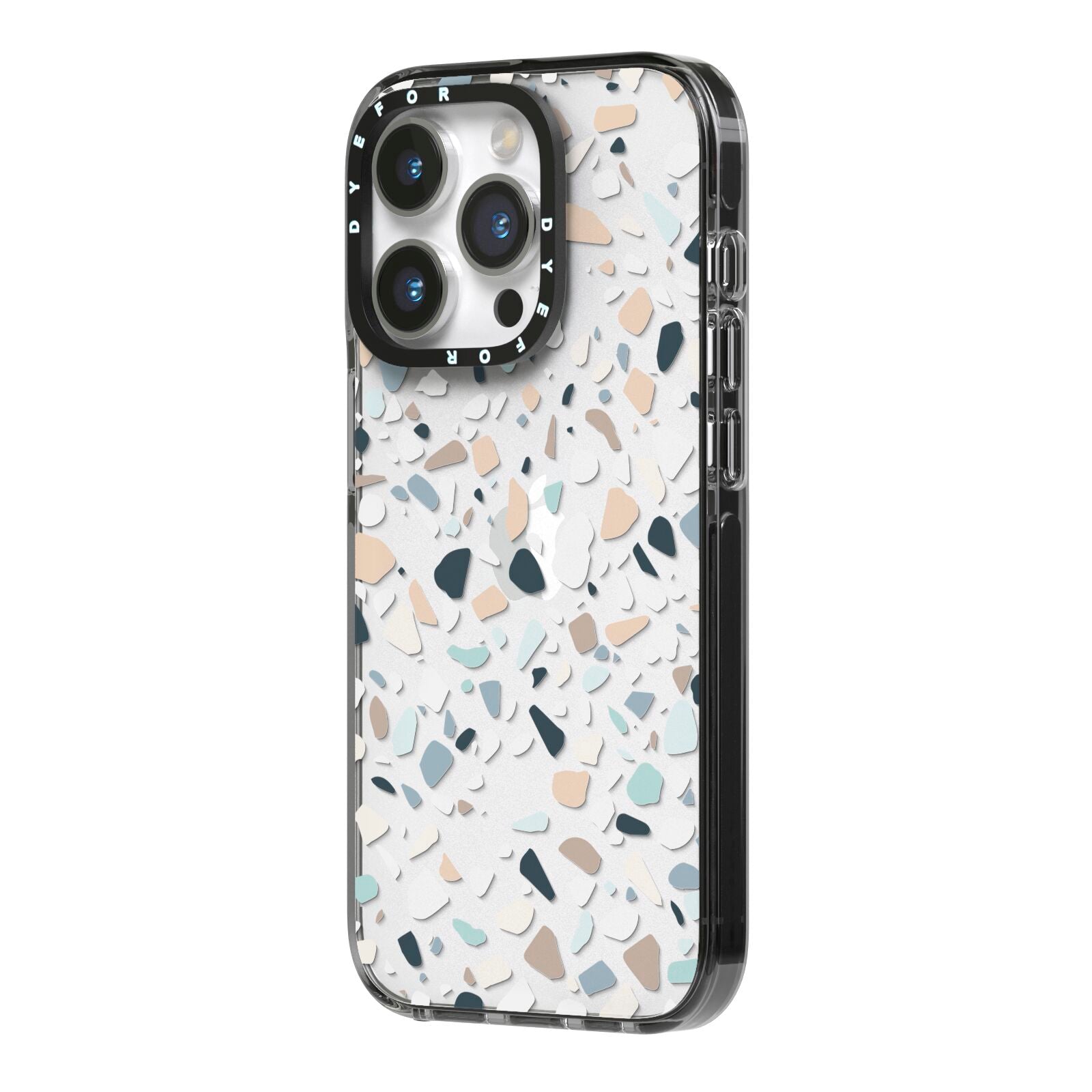 Terrazzo Pattern iPhone 14 Pro Black Impact Case Side Angle on Silver phone