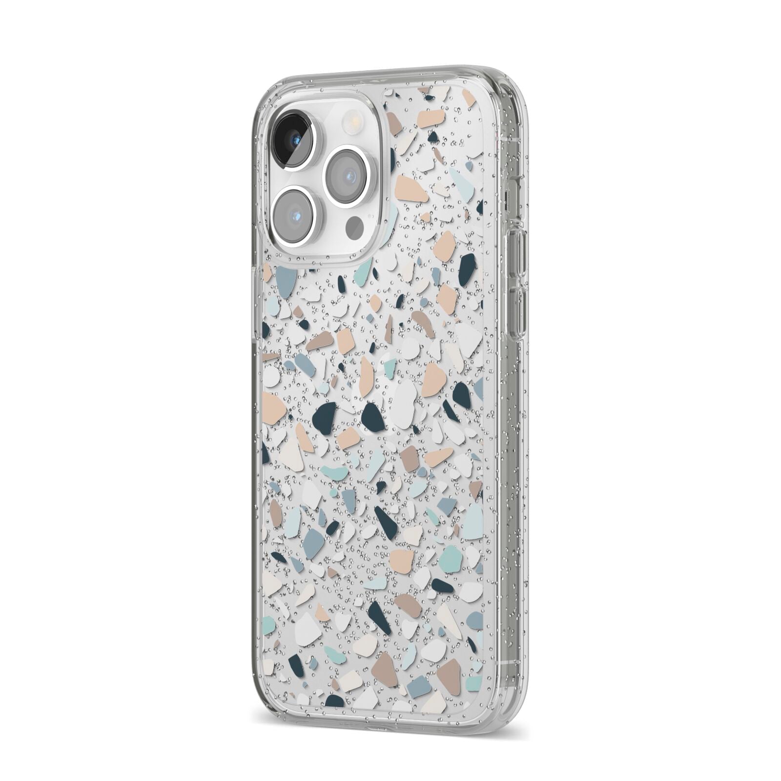 Terrazzo Pattern iPhone 14 Pro Max Glitter Tough Case Silver Angled Image