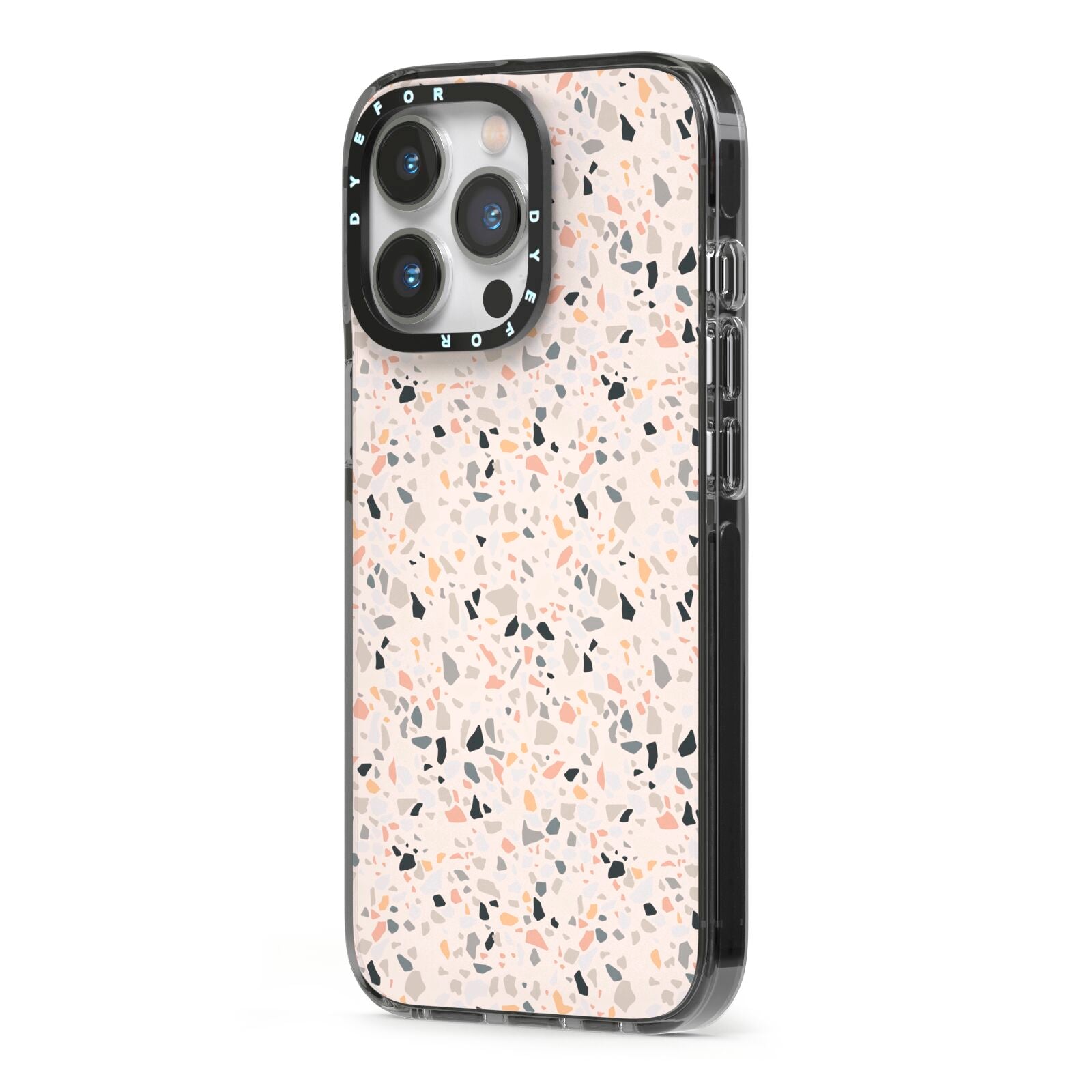 Terrazzo Stone iPhone 13 Pro Black Impact Case Side Angle on Silver phone