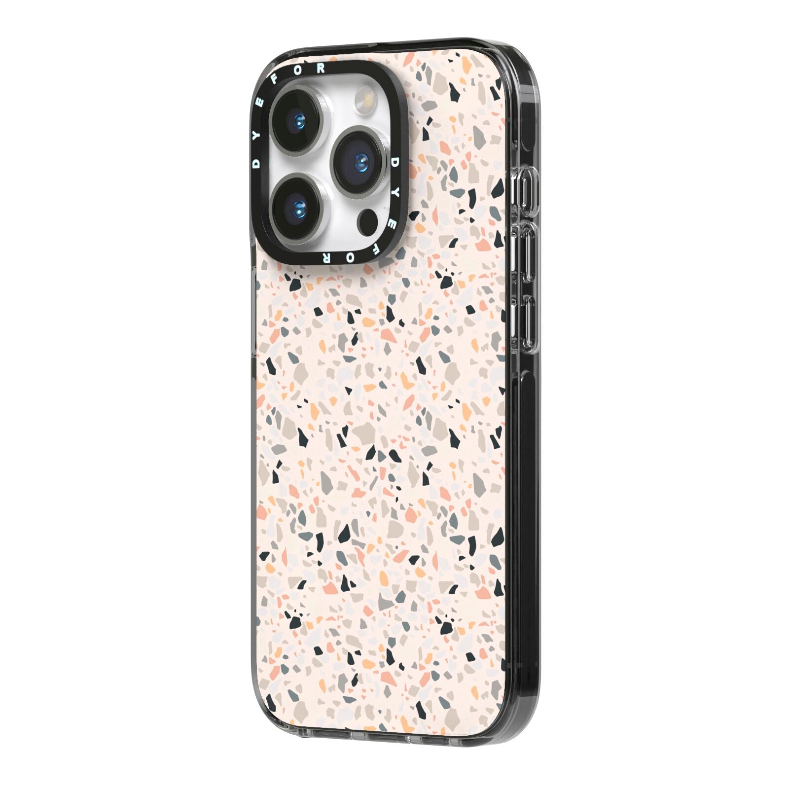 Terrazzo Stone iPhone 14 Pro Black Impact Case Side Angle on Silver phone