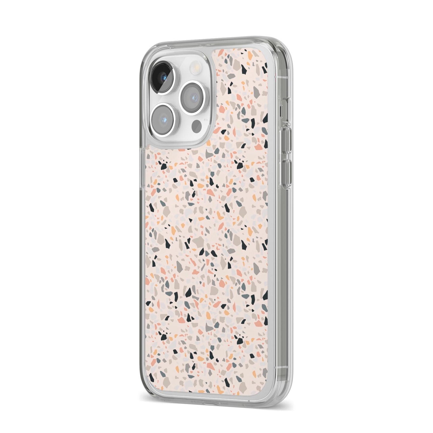 Terrazzo Stone iPhone 14 Pro Max Clear Tough Case Silver Angled Image