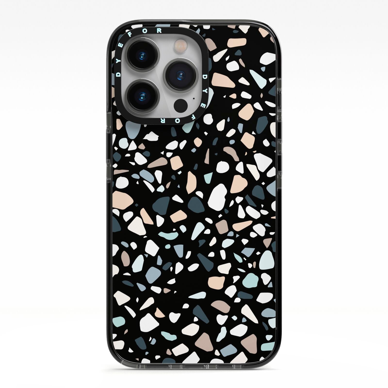 Terrazzo iPhone 13 Pro Black Impact Case on Silver phone