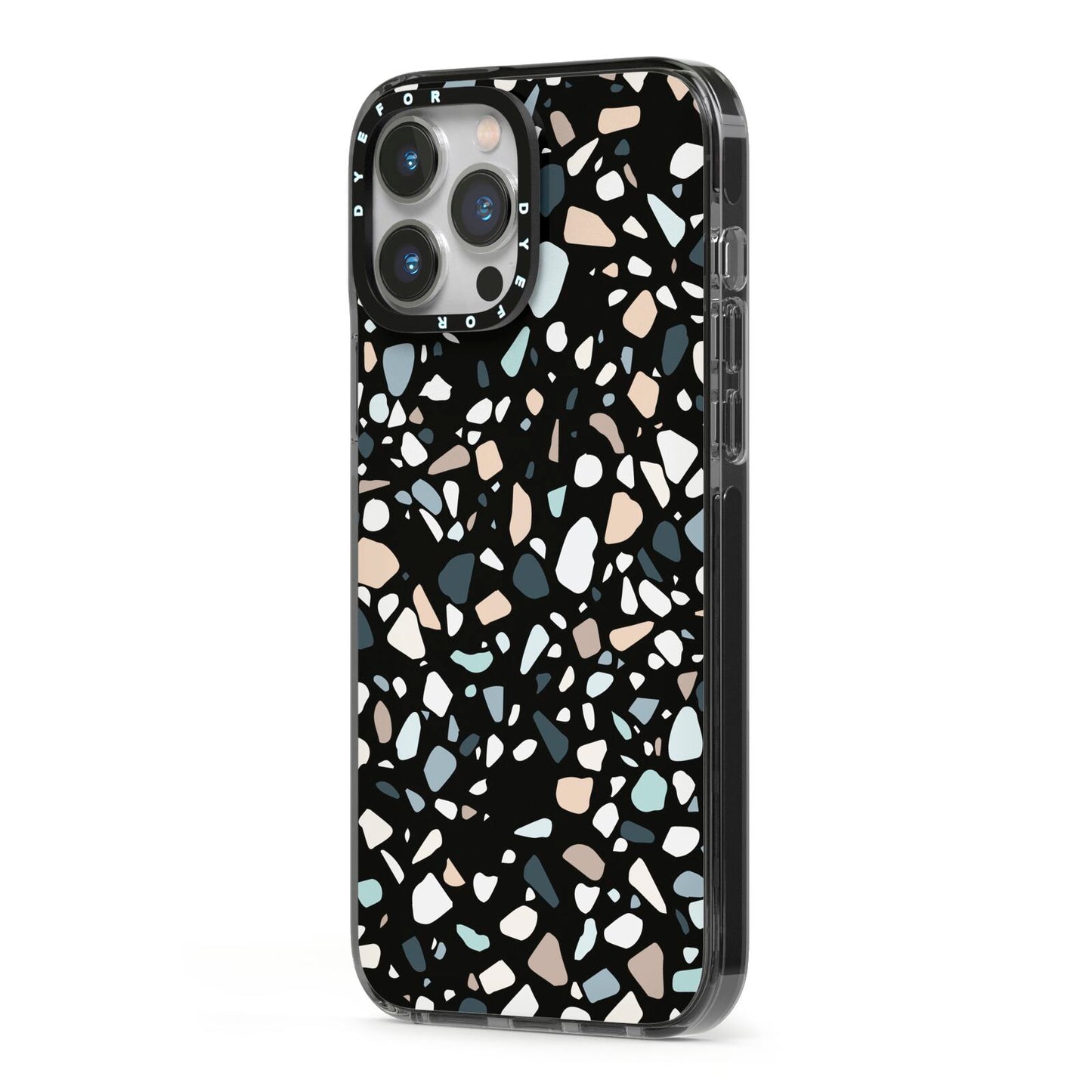 Terrazzo iPhone 13 Pro Max Black Impact Case Side Angle on Silver phone