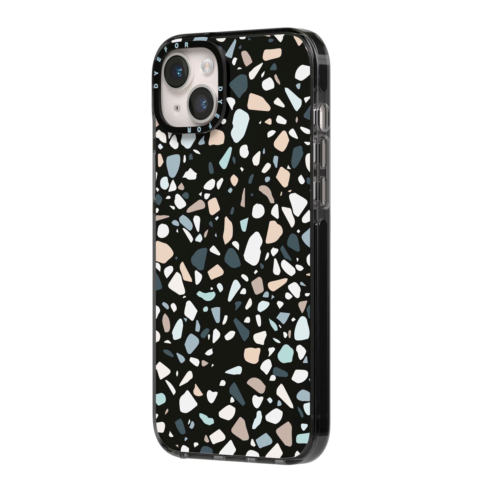 Terrazzo iPhone 14 Plus Black Impact Case Side Angle on Silver phone