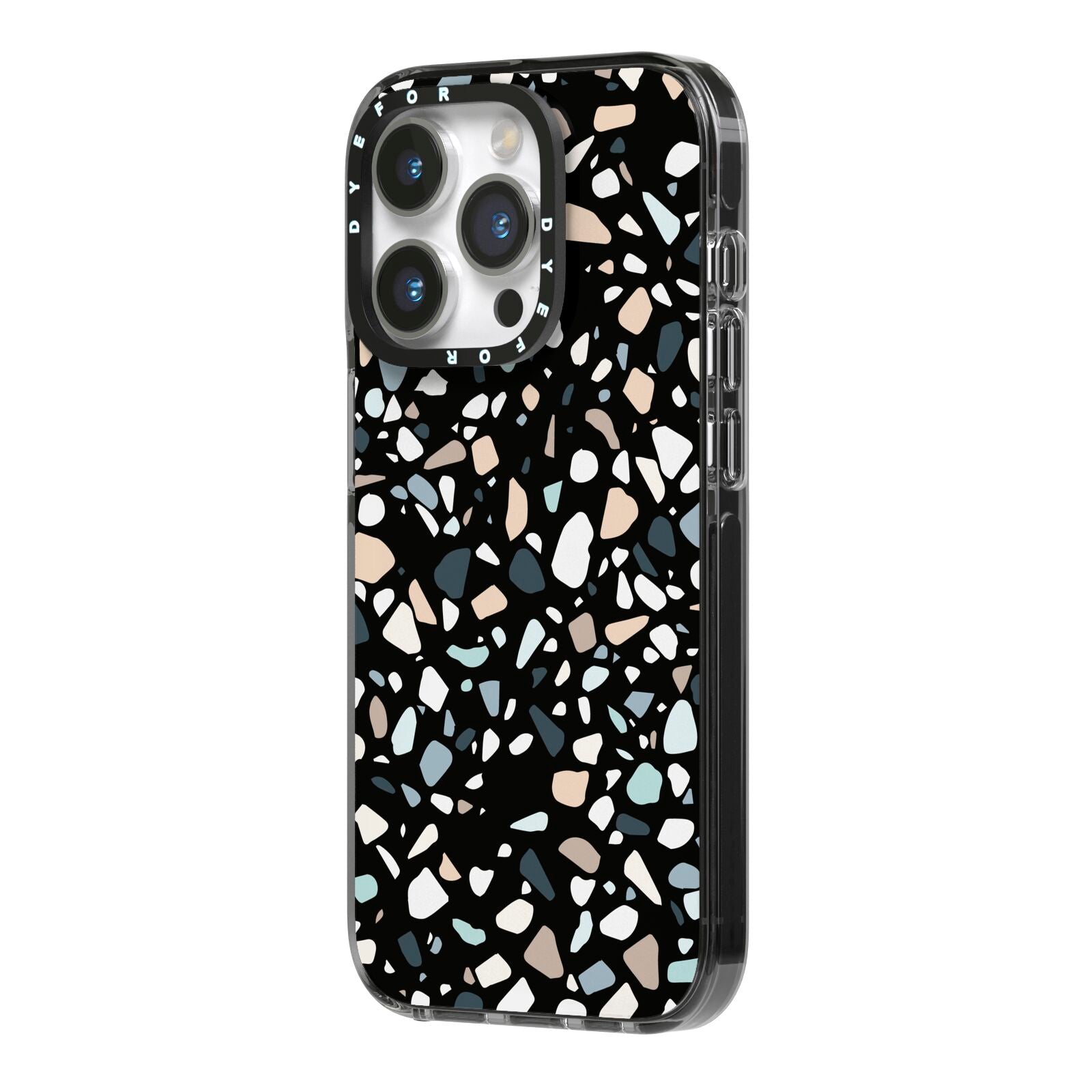 Terrazzo iPhone 14 Pro Black Impact Case Side Angle on Silver phone