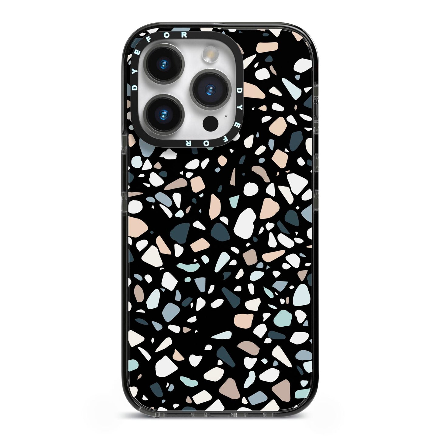 Terrazzo iPhone 14 Pro Black Impact Case on Silver phone