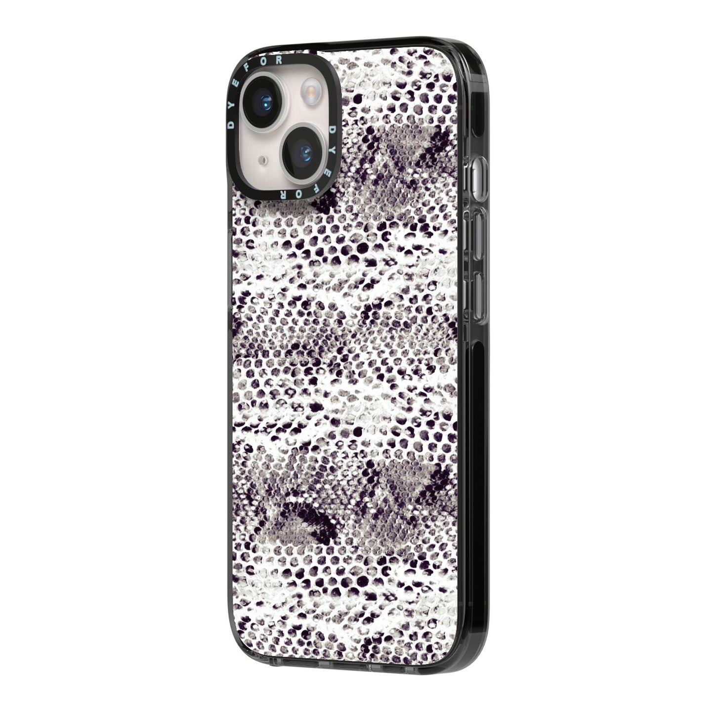 Textured Snakeskin iPhone 14 Black Impact Case Side Angle on Silver phone
