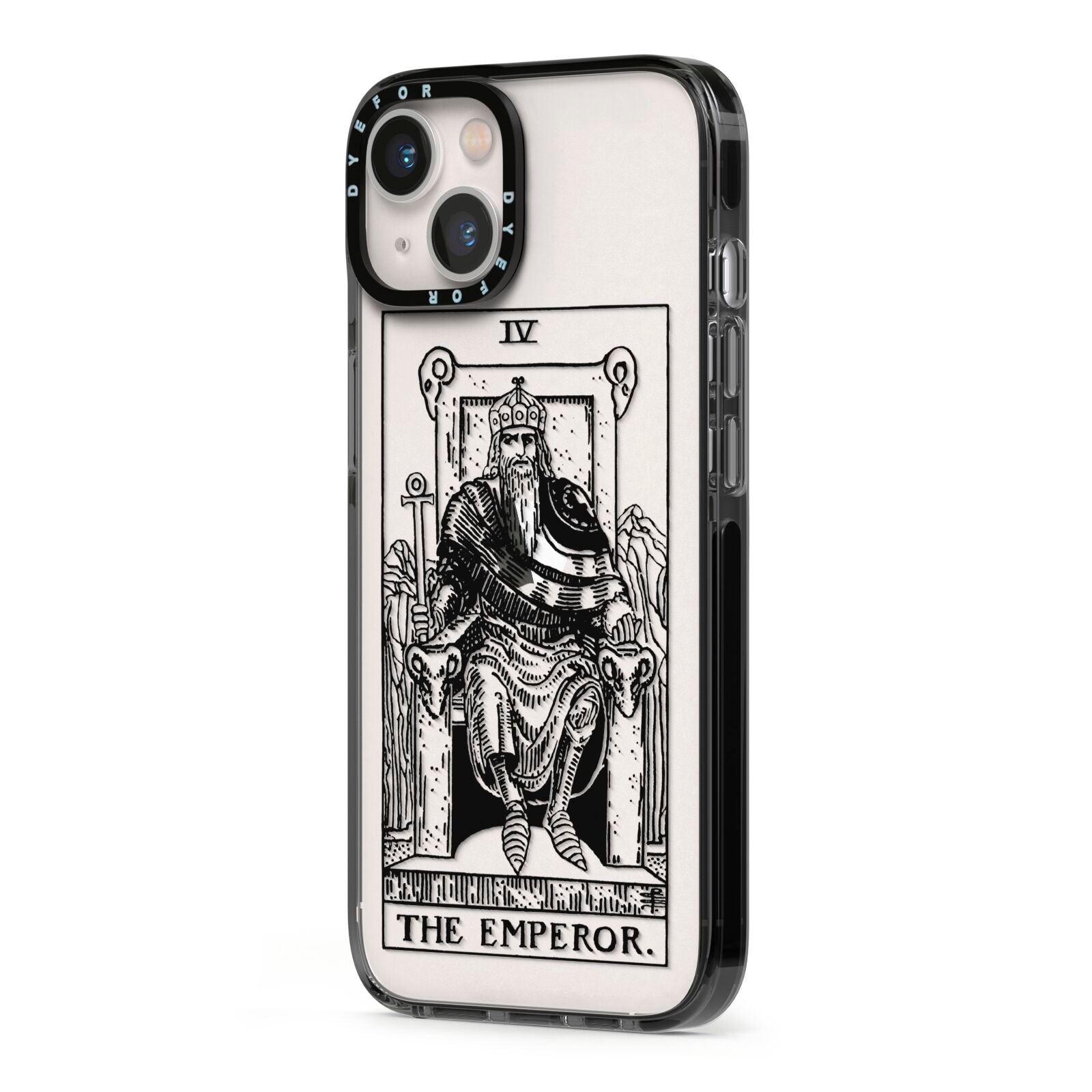 The Emperor Monochrome Tarot Card iPhone 13 Black Impact Case Side Angle on Silver phone