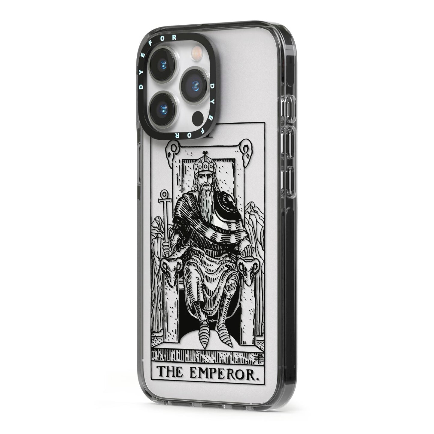 The Emperor Monochrome Tarot Card iPhone 13 Pro Black Impact Case Side Angle on Silver phone