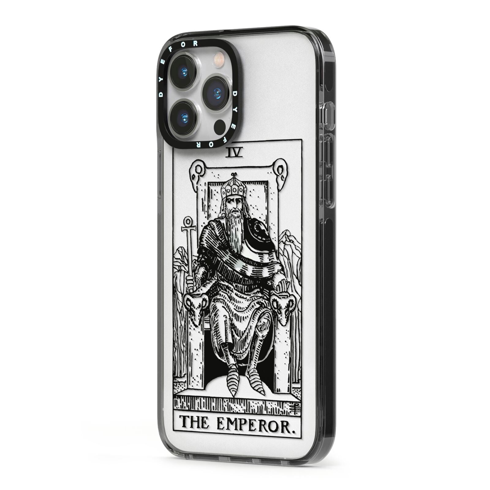 The Emperor Monochrome Tarot Card iPhone 13 Pro Max Black Impact Case Side Angle on Silver phone