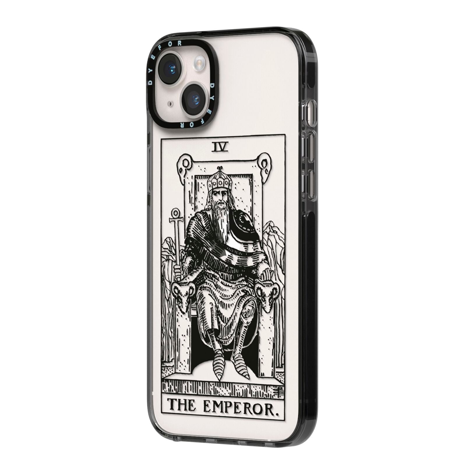 The Emperor Monochrome Tarot Card iPhone 14 Plus Black Impact Case Side Angle on Silver phone