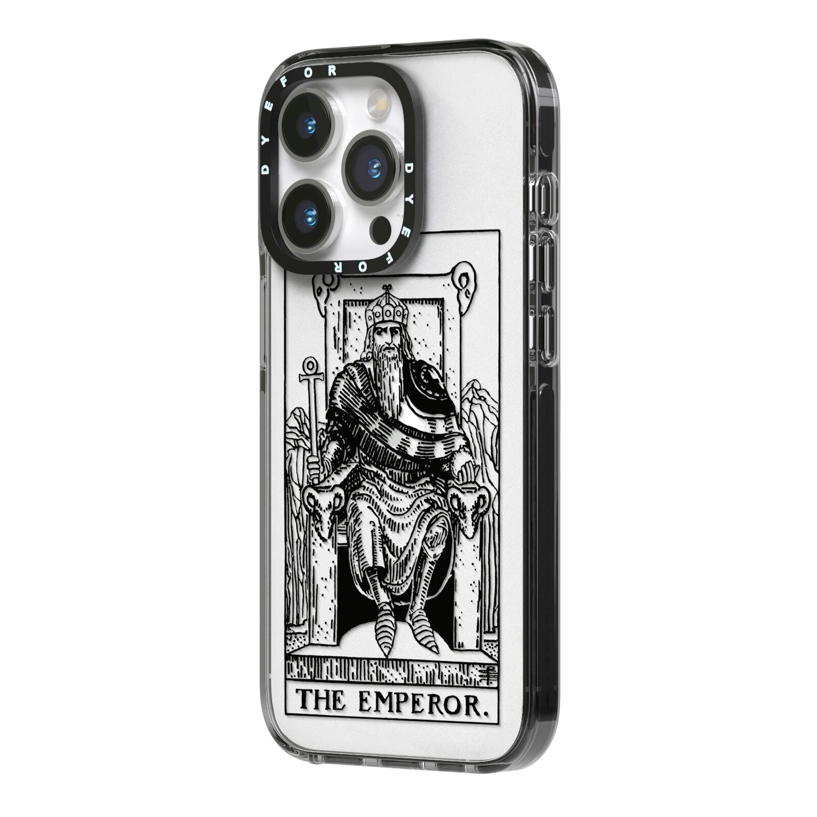 The Emperor Monochrome Tarot Card iPhone 14 Pro Black Impact Case Side Angle on Silver phone