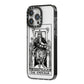 The Emperor Monochrome Tarot Card iPhone 14 Pro Max Black Impact Case Side Angle on Silver phone