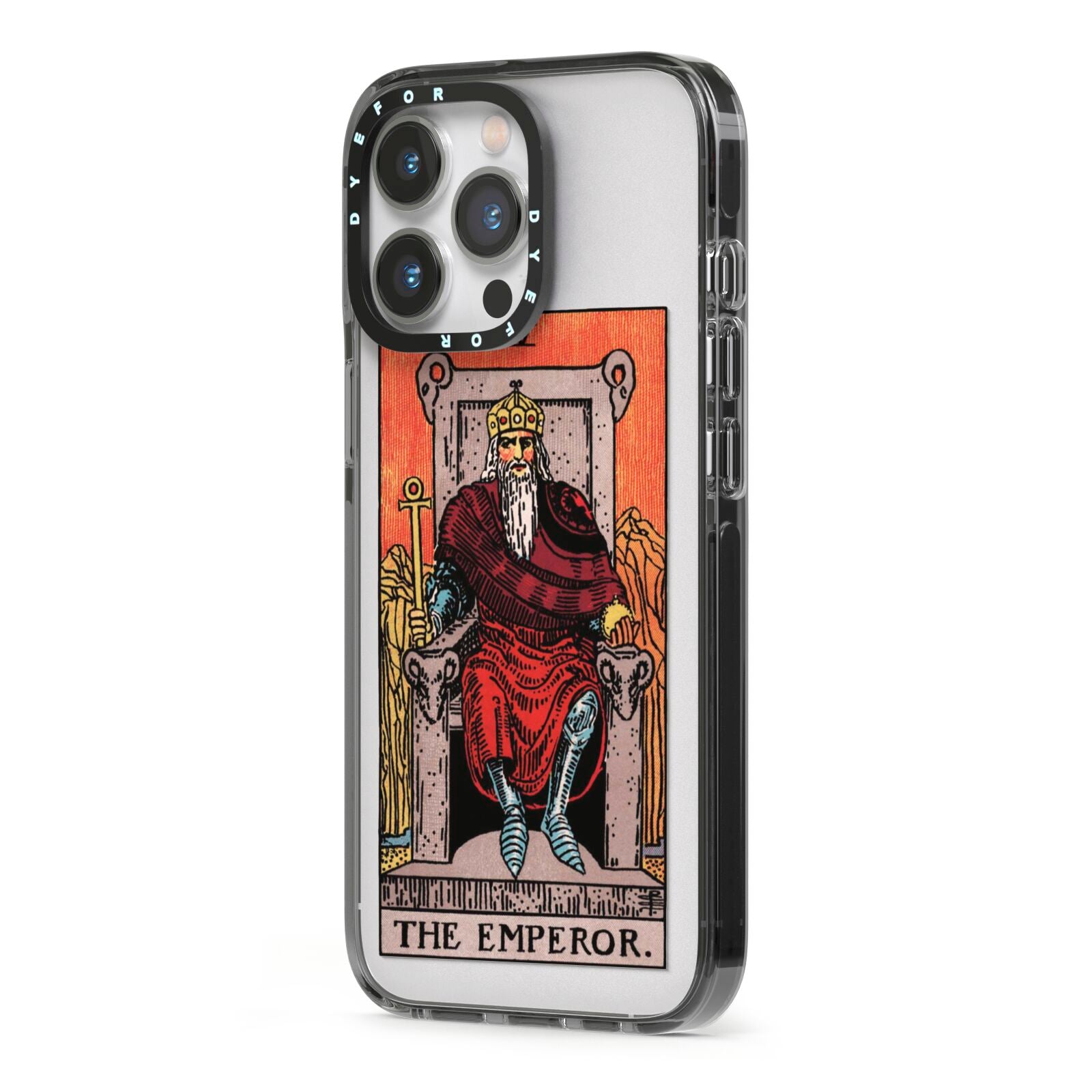 The Emperor Tarot Card iPhone 13 Pro Black Impact Case Side Angle on Silver phone