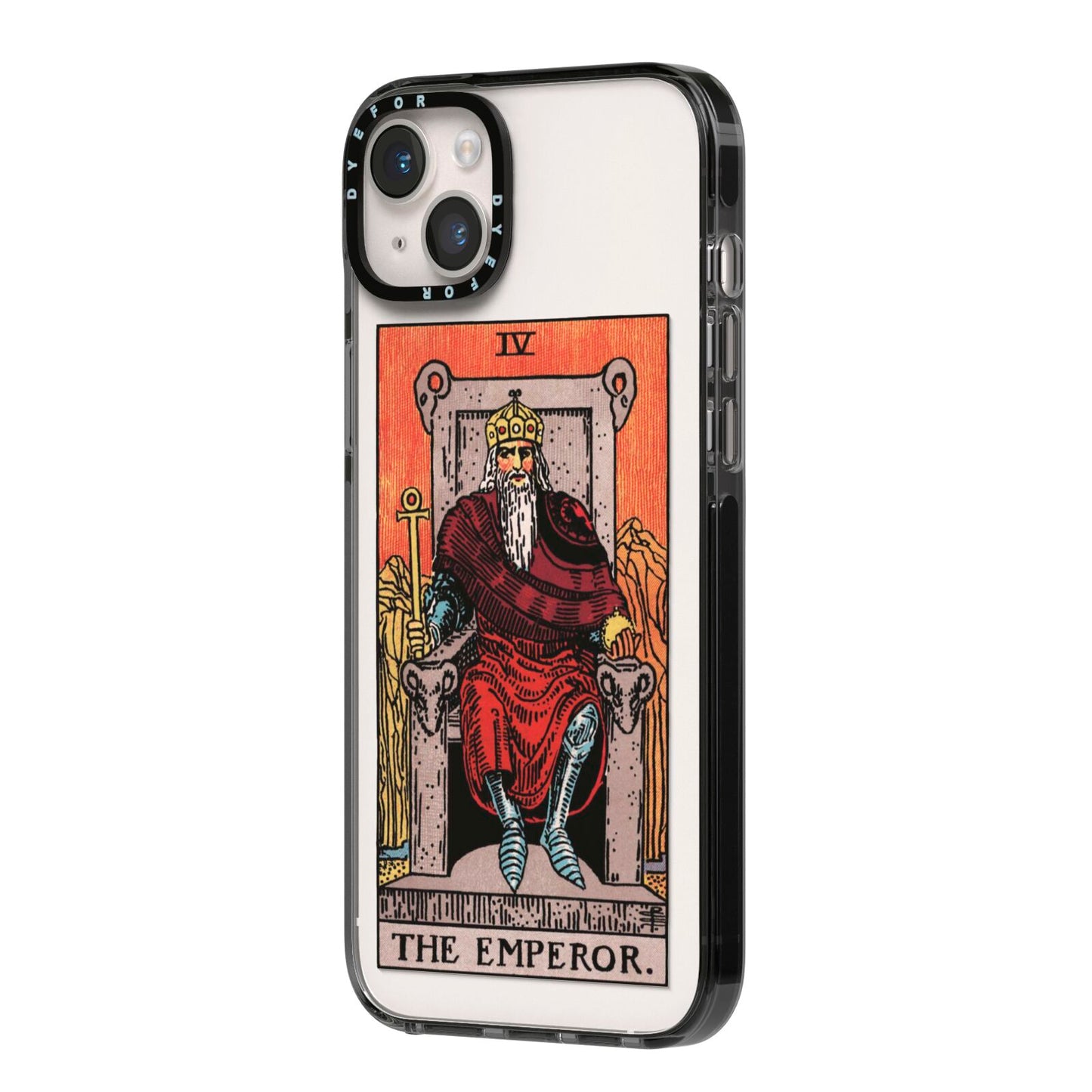 The Emperor Tarot Card iPhone 14 Plus Black Impact Case Side Angle on Silver phone