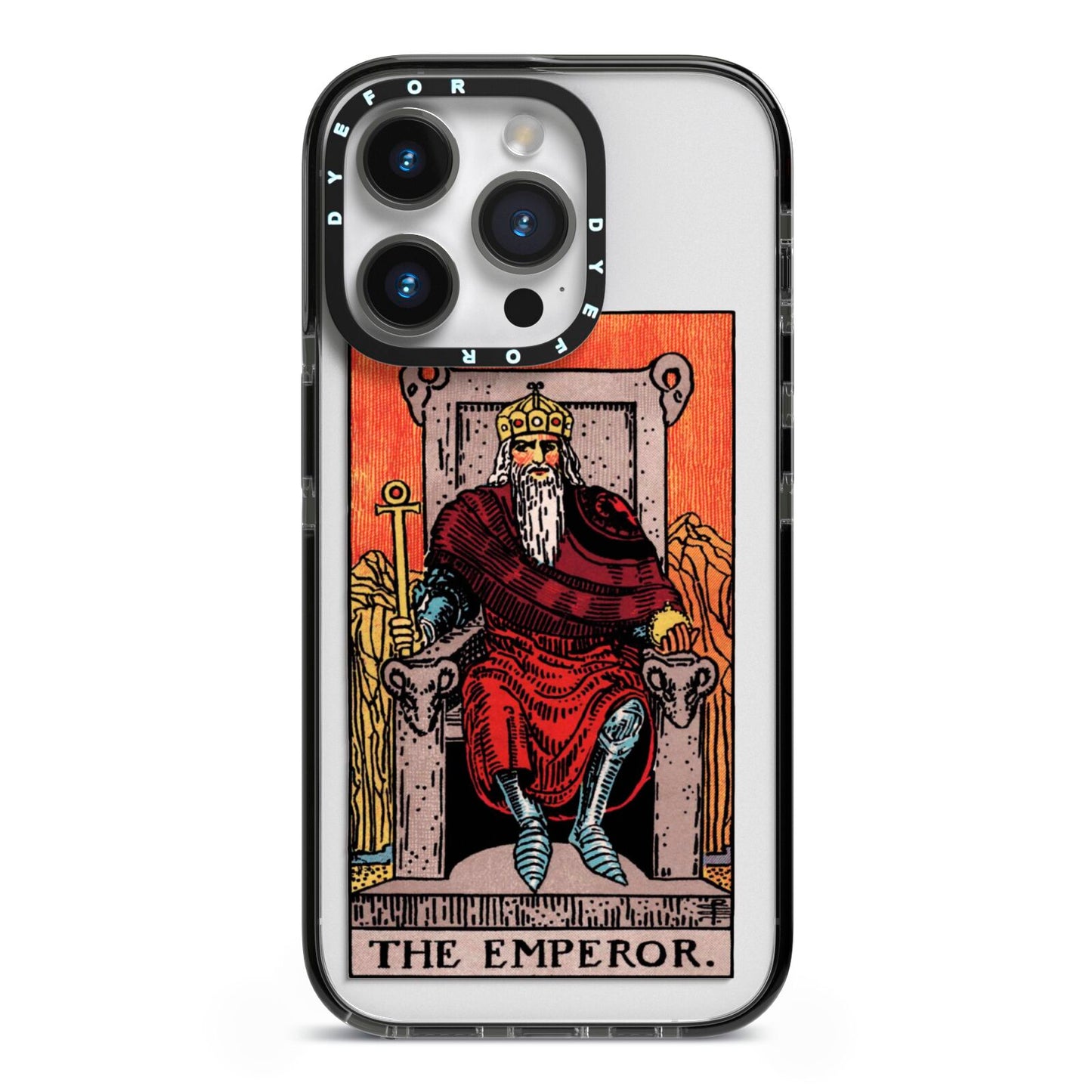 The Emperor Tarot Card iPhone 14 Pro Black Impact Case on Silver phone