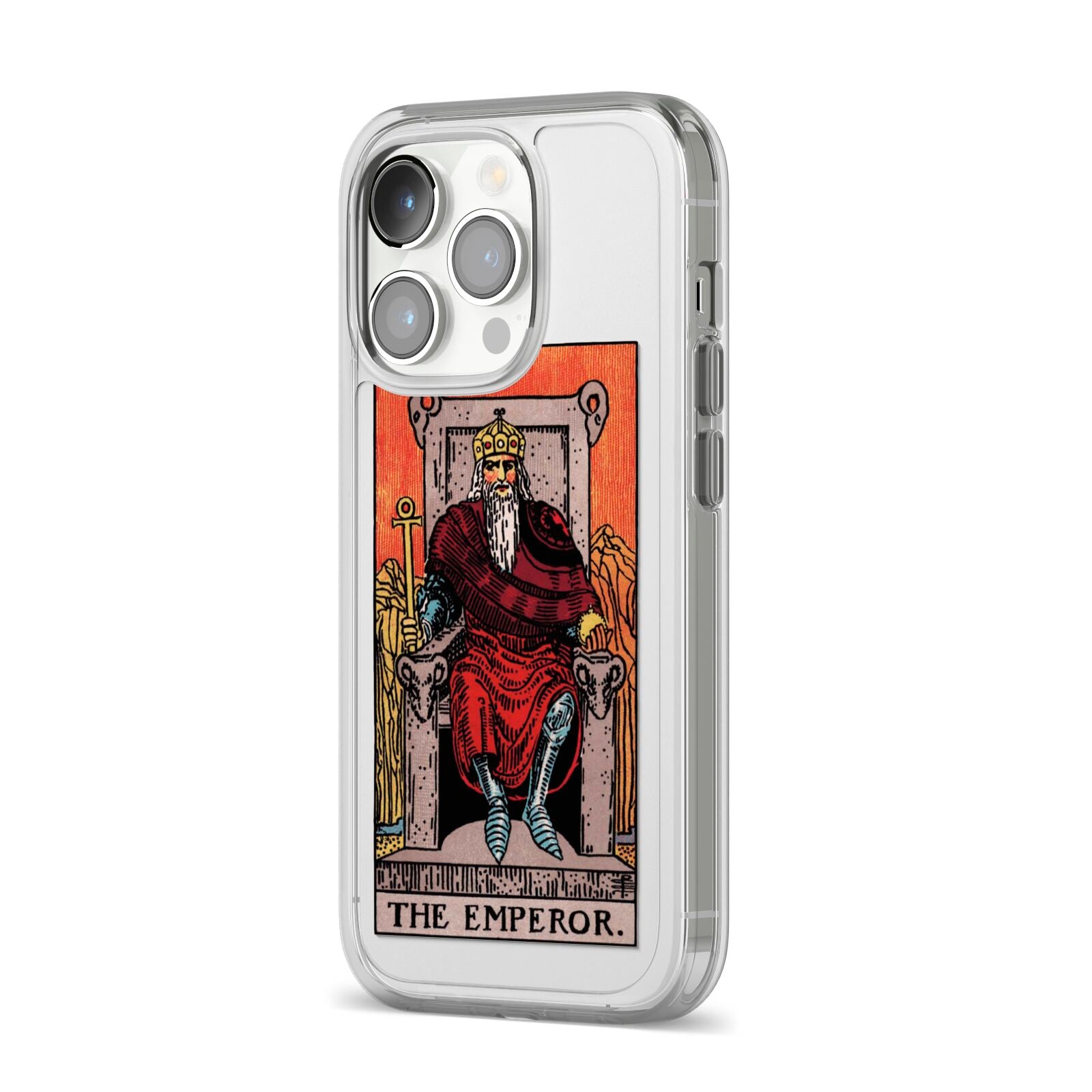 The Emperor Tarot Card iPhone 14 Pro Clear Tough Case Silver Angled Image