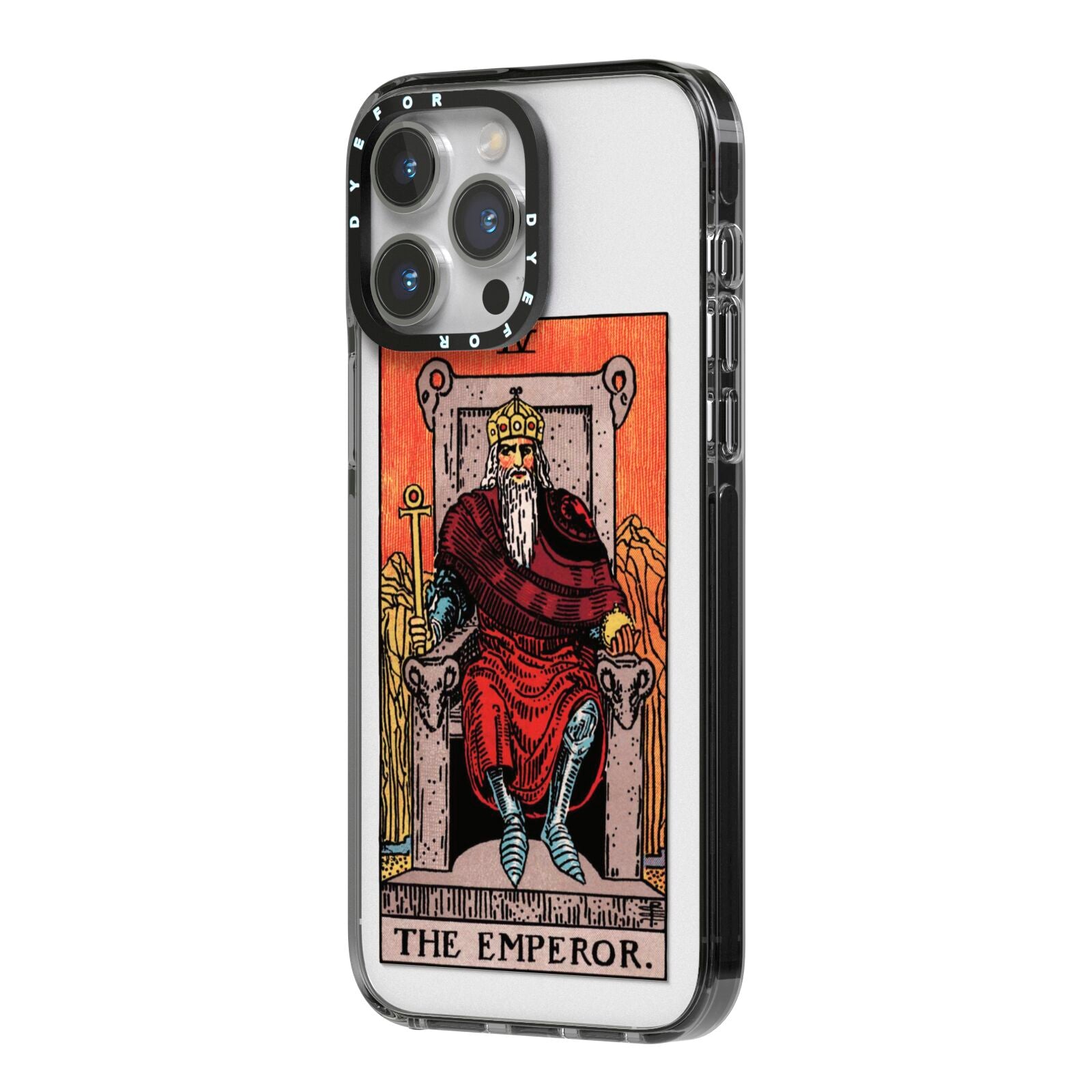 The Emperor Tarot Card iPhone 14 Pro Max Black Impact Case Side Angle on Silver phone