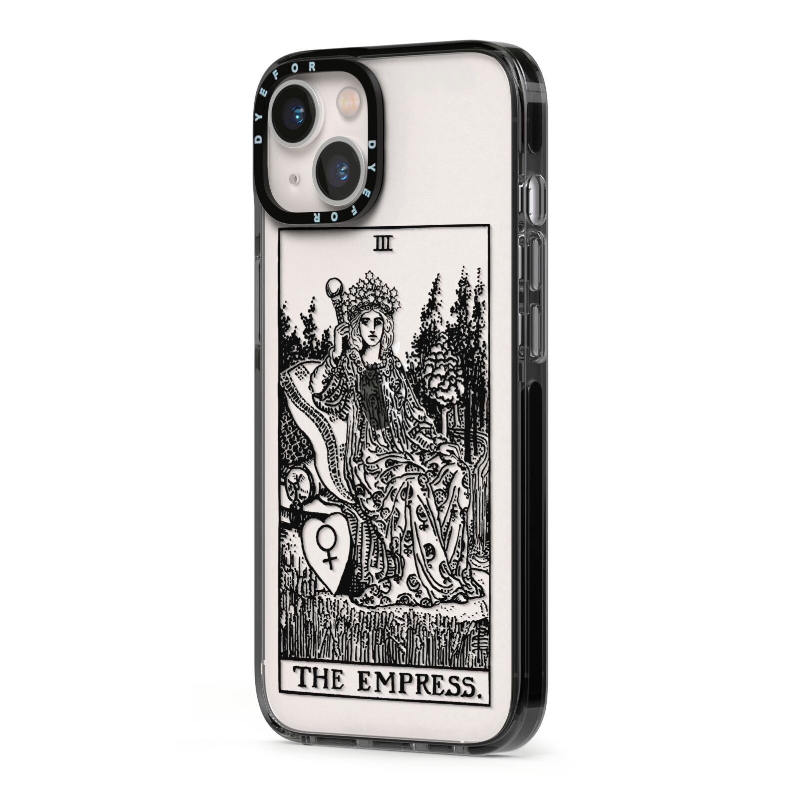 The Empress Monochrome Tarot Card iPhone 13 Black Impact Case Side Angle on Silver phone
