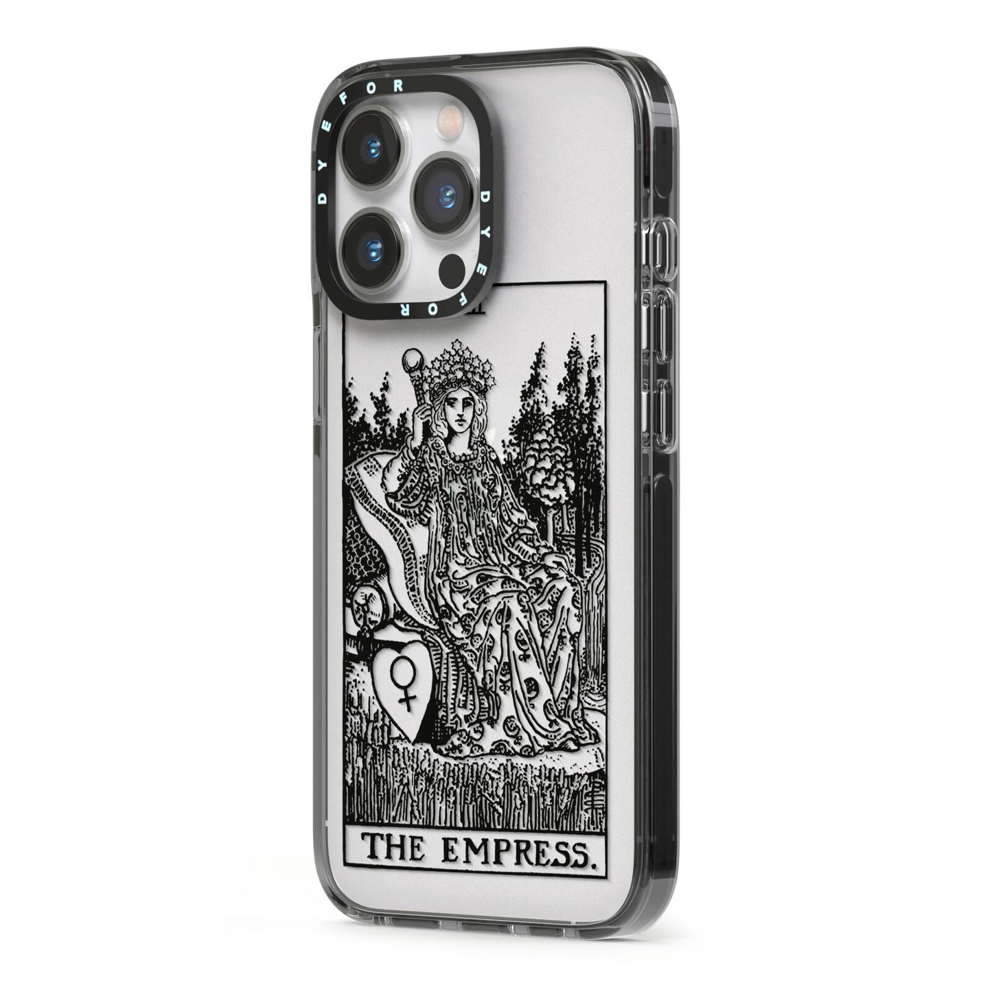 The Empress Monochrome Tarot Card iPhone 13 Pro Black Impact Case Side Angle on Silver phone