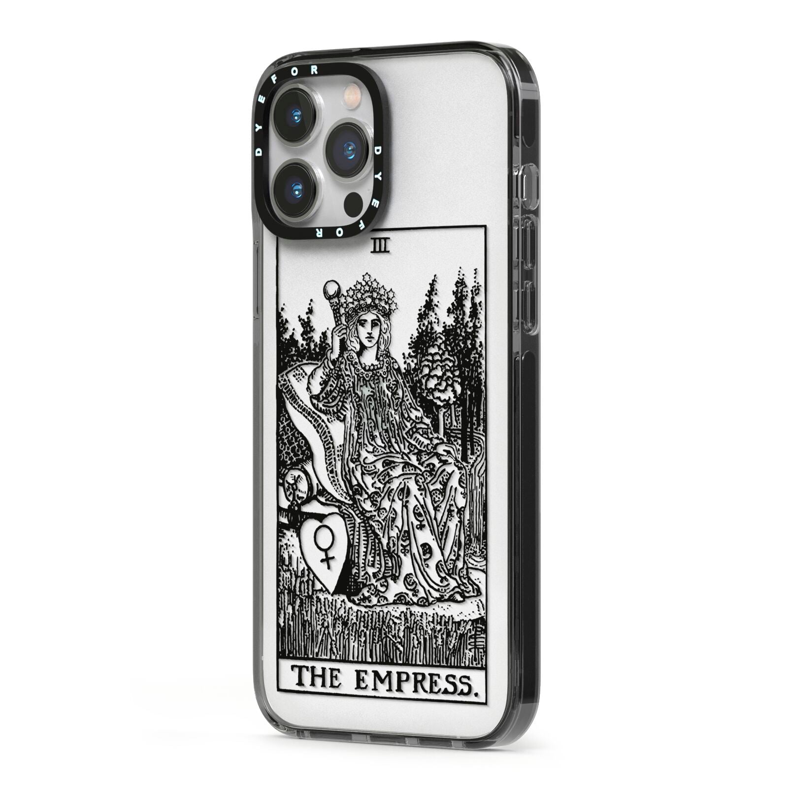 The Empress Monochrome Tarot Card iPhone 13 Pro Max Black Impact Case Side Angle on Silver phone