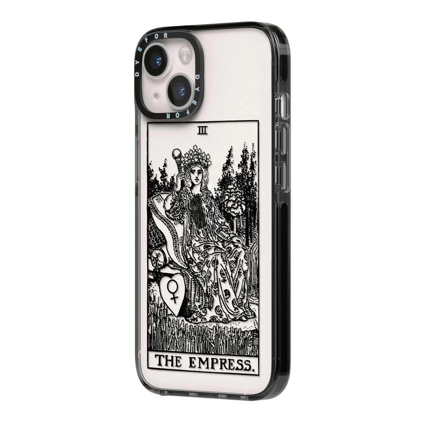 The Empress Monochrome Tarot Card iPhone 14 Black Impact Case Side Angle on Silver phone