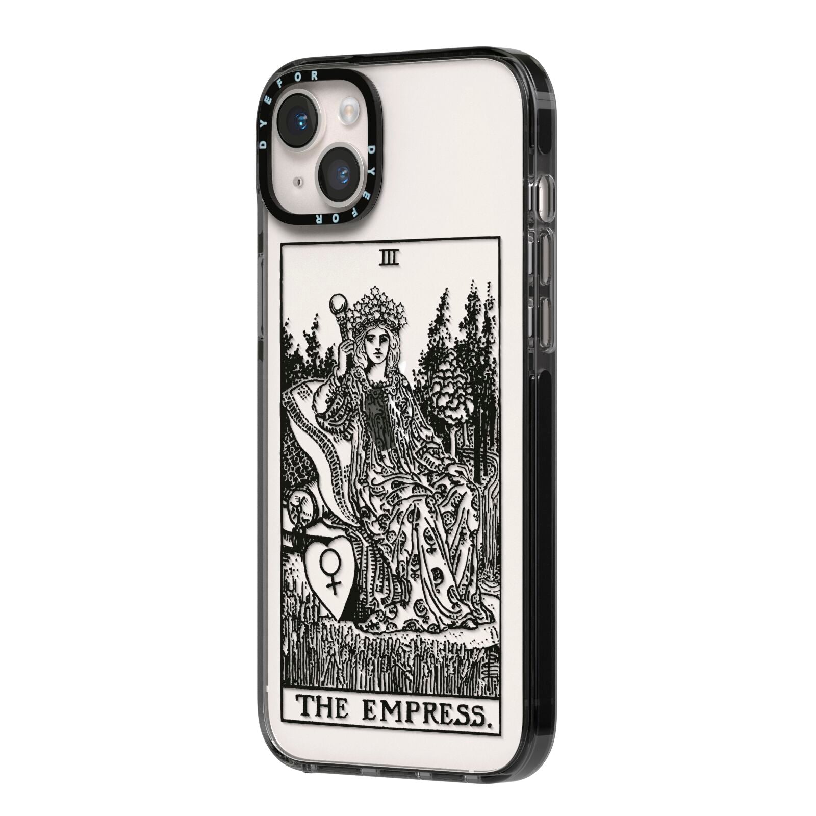 The Empress Monochrome Tarot Card iPhone 14 Plus Black Impact Case Side Angle on Silver phone