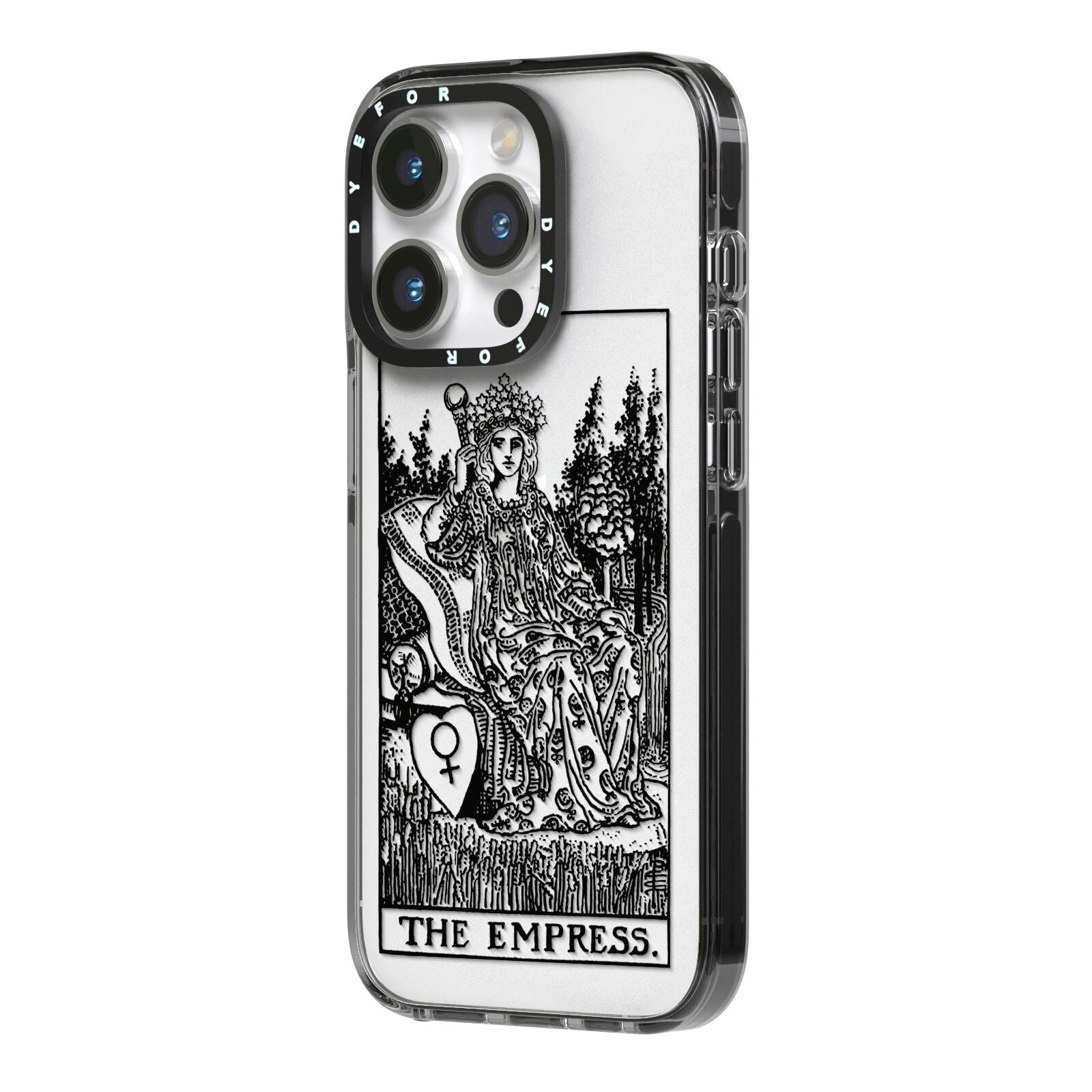 The Empress Monochrome Tarot Card iPhone 14 Pro Black Impact Case Side Angle on Silver phone