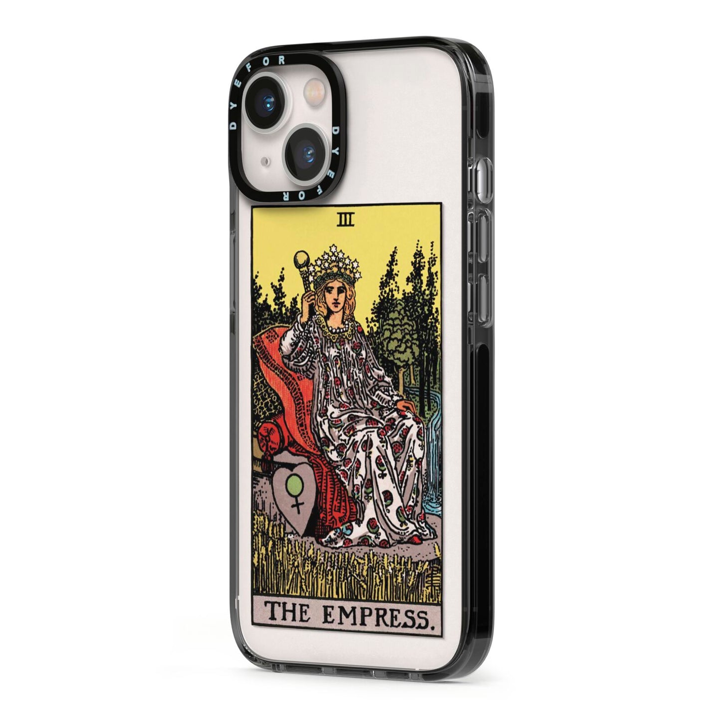 The Empress Tarot Card iPhone 13 Black Impact Case Side Angle on Silver phone
