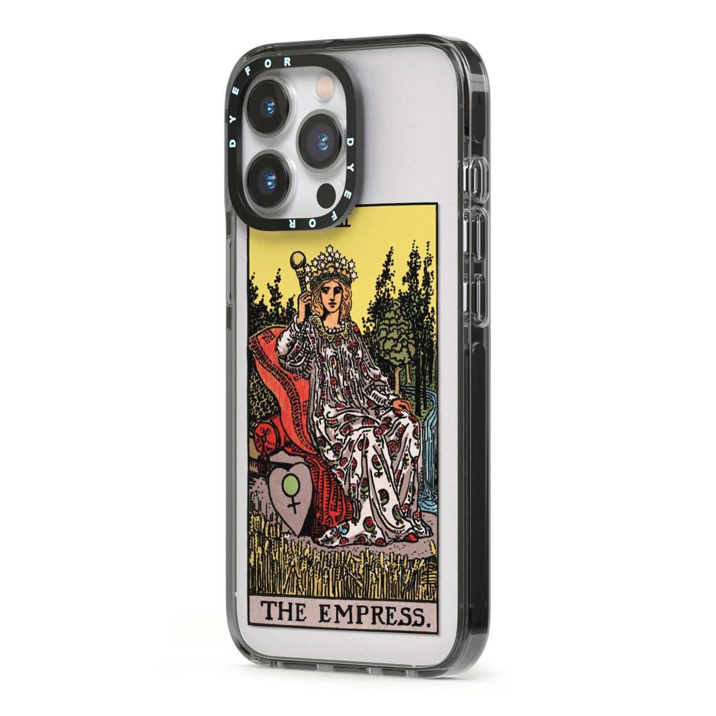 The Empress Tarot Card iPhone 13 Pro Black Impact Case Side Angle on Silver phone