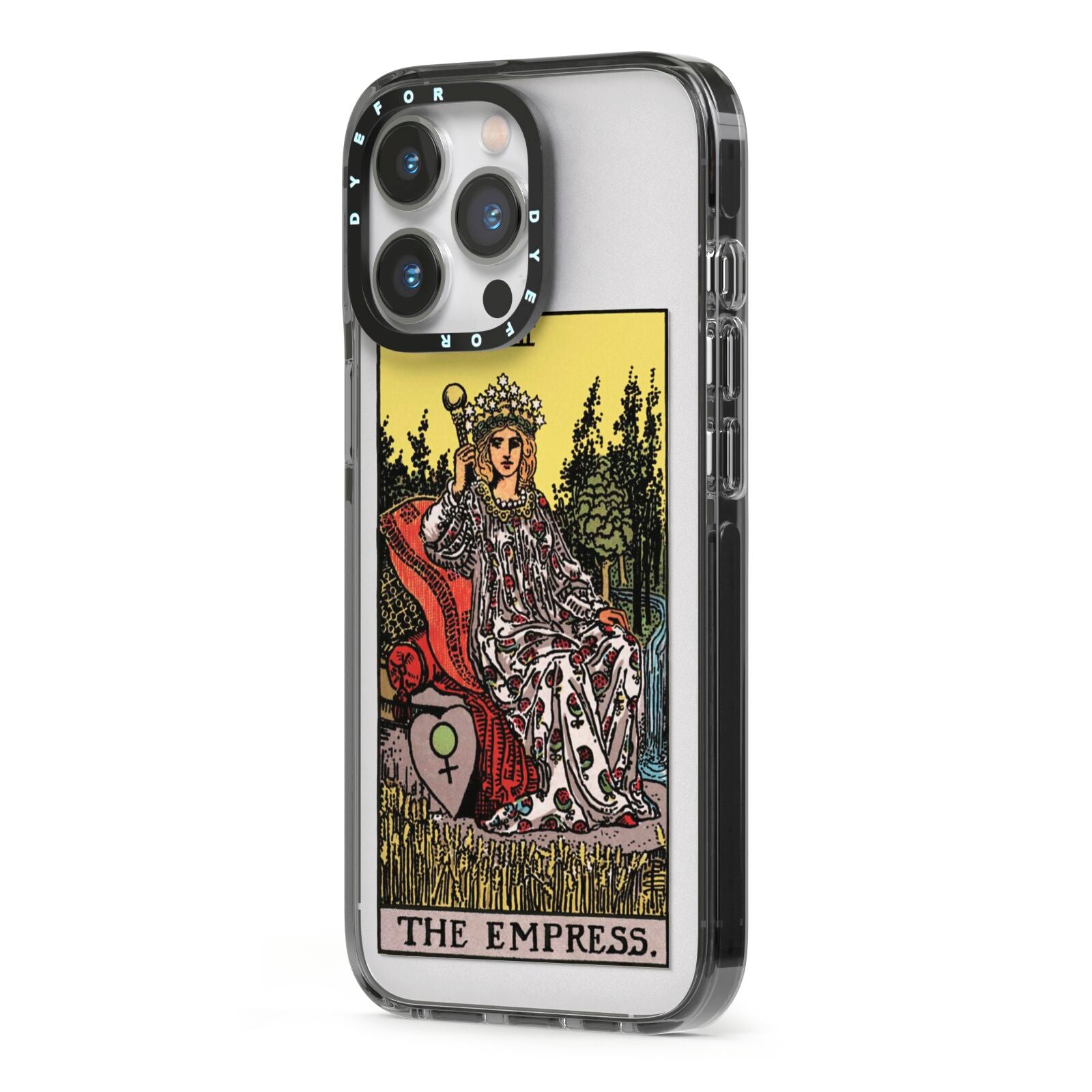 The Empress Tarot Card iPhone 13 Pro Black Impact Case Side Angle on Silver phone