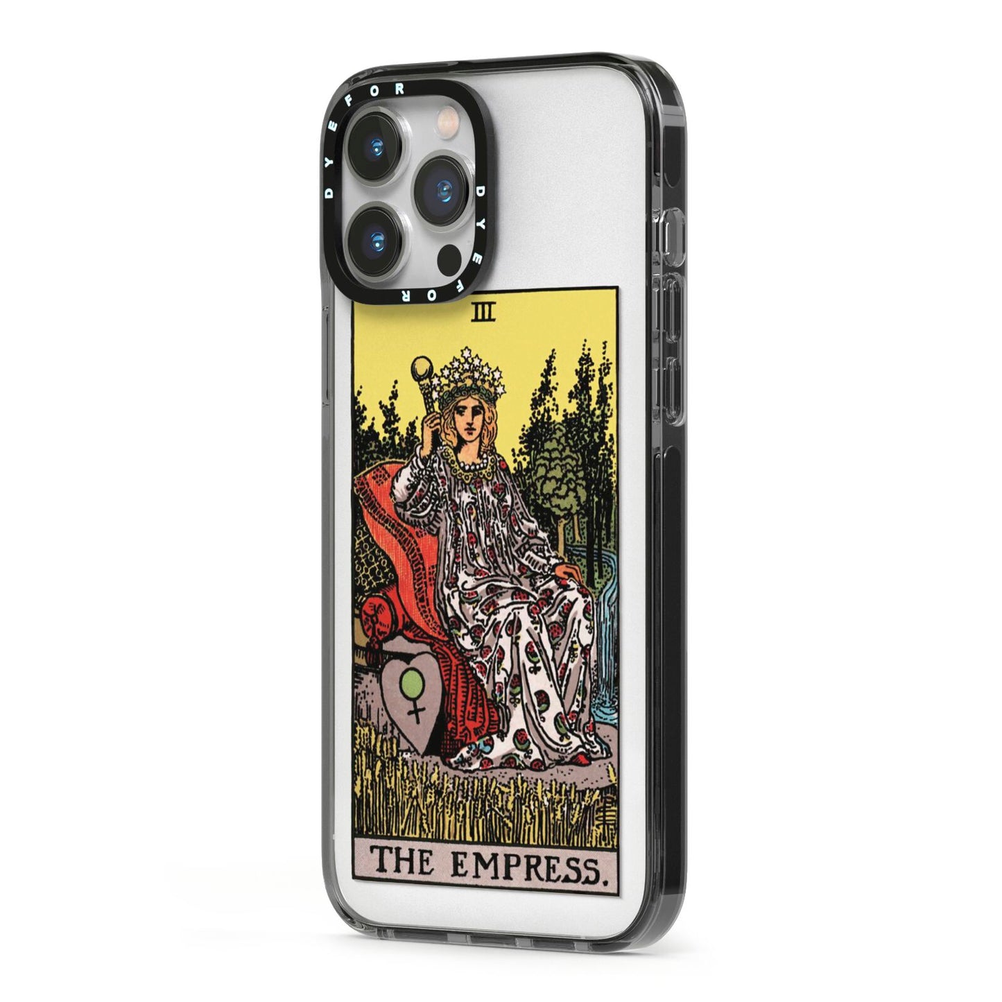 The Empress Tarot Card iPhone 13 Pro Max Black Impact Case Side Angle on Silver phone