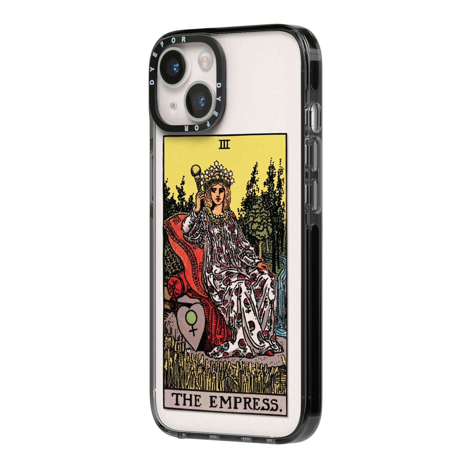 The Empress Tarot Card iPhone 14 Black Impact Case Side Angle on Silver phone