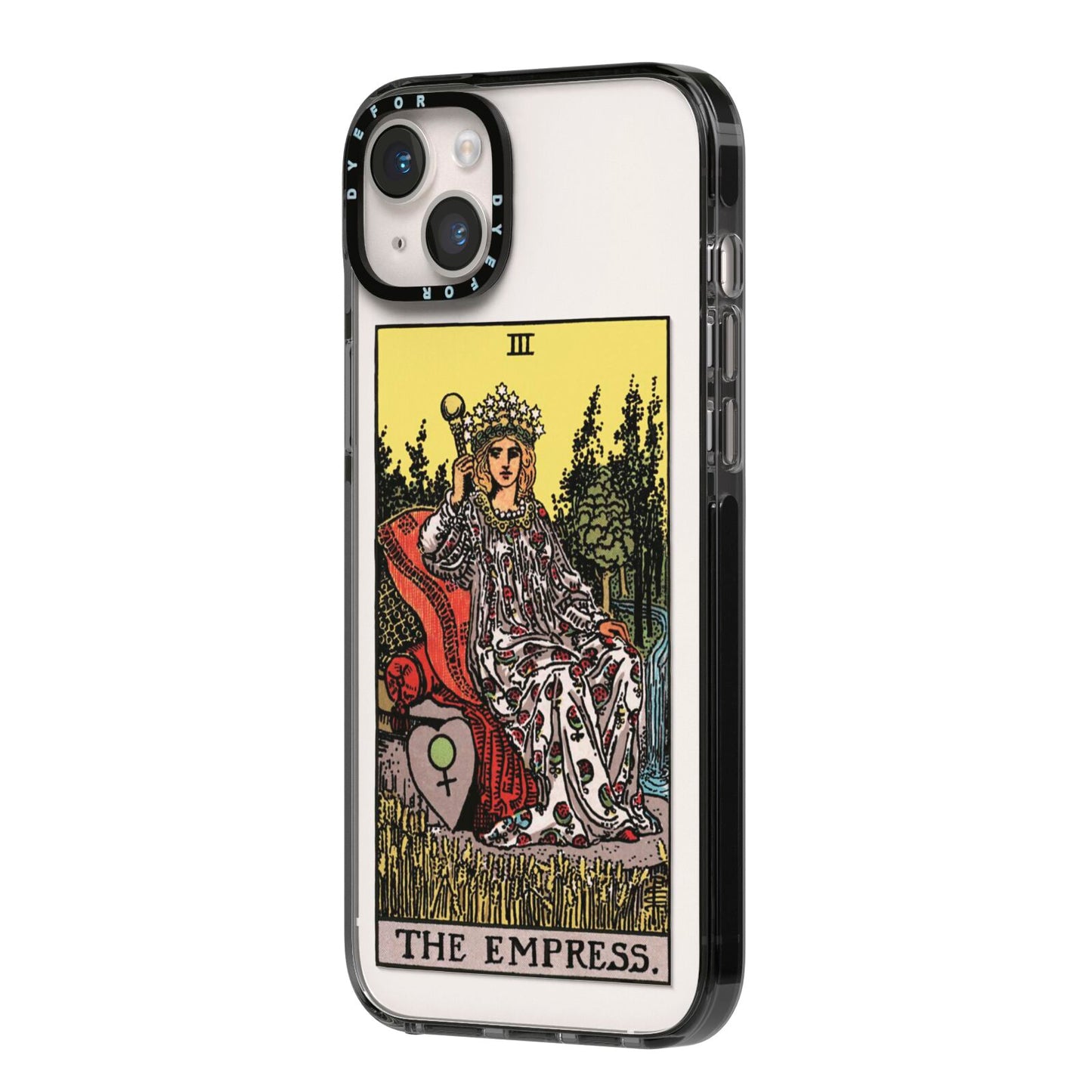 The Empress Tarot Card iPhone 14 Plus Black Impact Case Side Angle on Silver phone