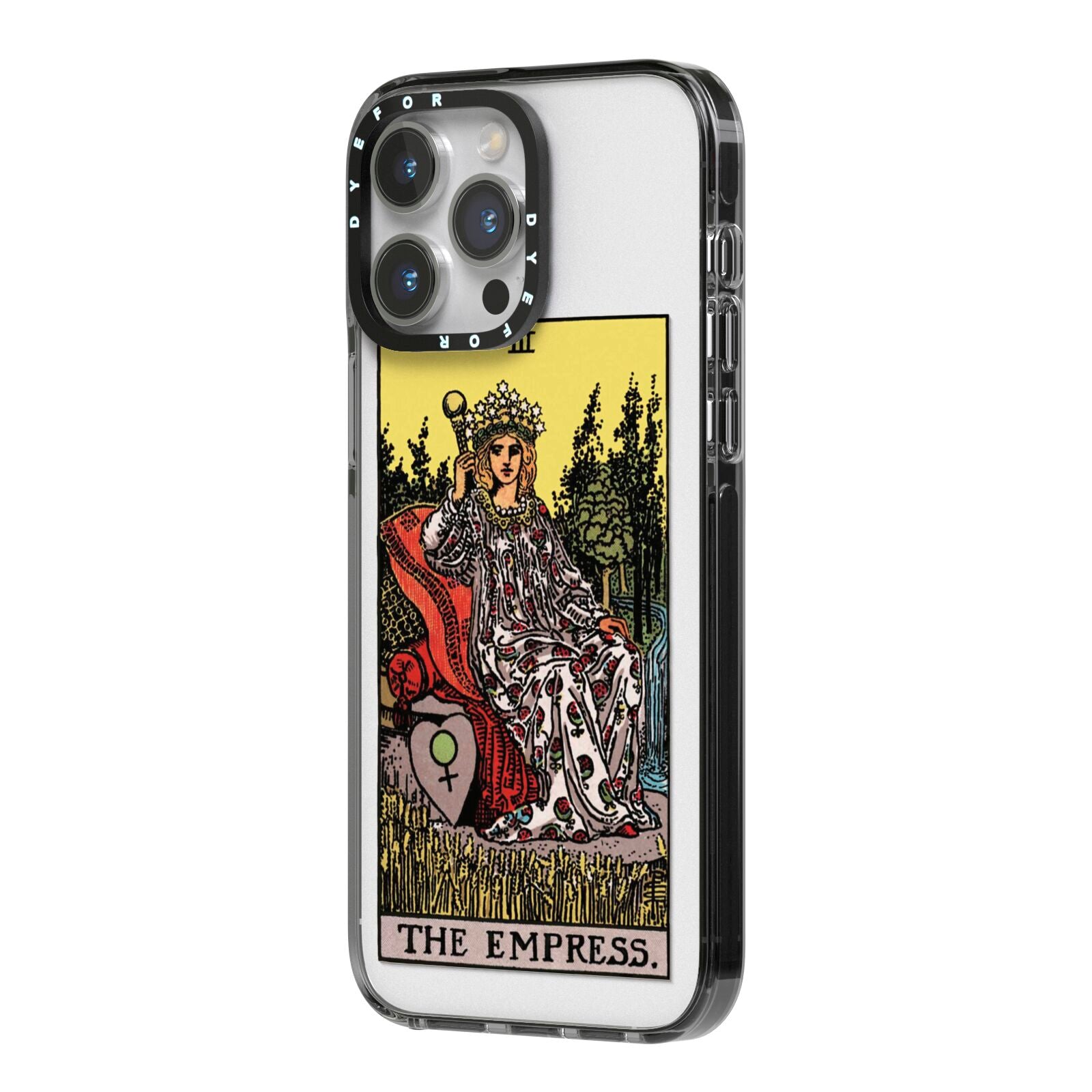 The Empress Tarot Card iPhone 14 Pro Max Black Impact Case Side Angle on Silver phone