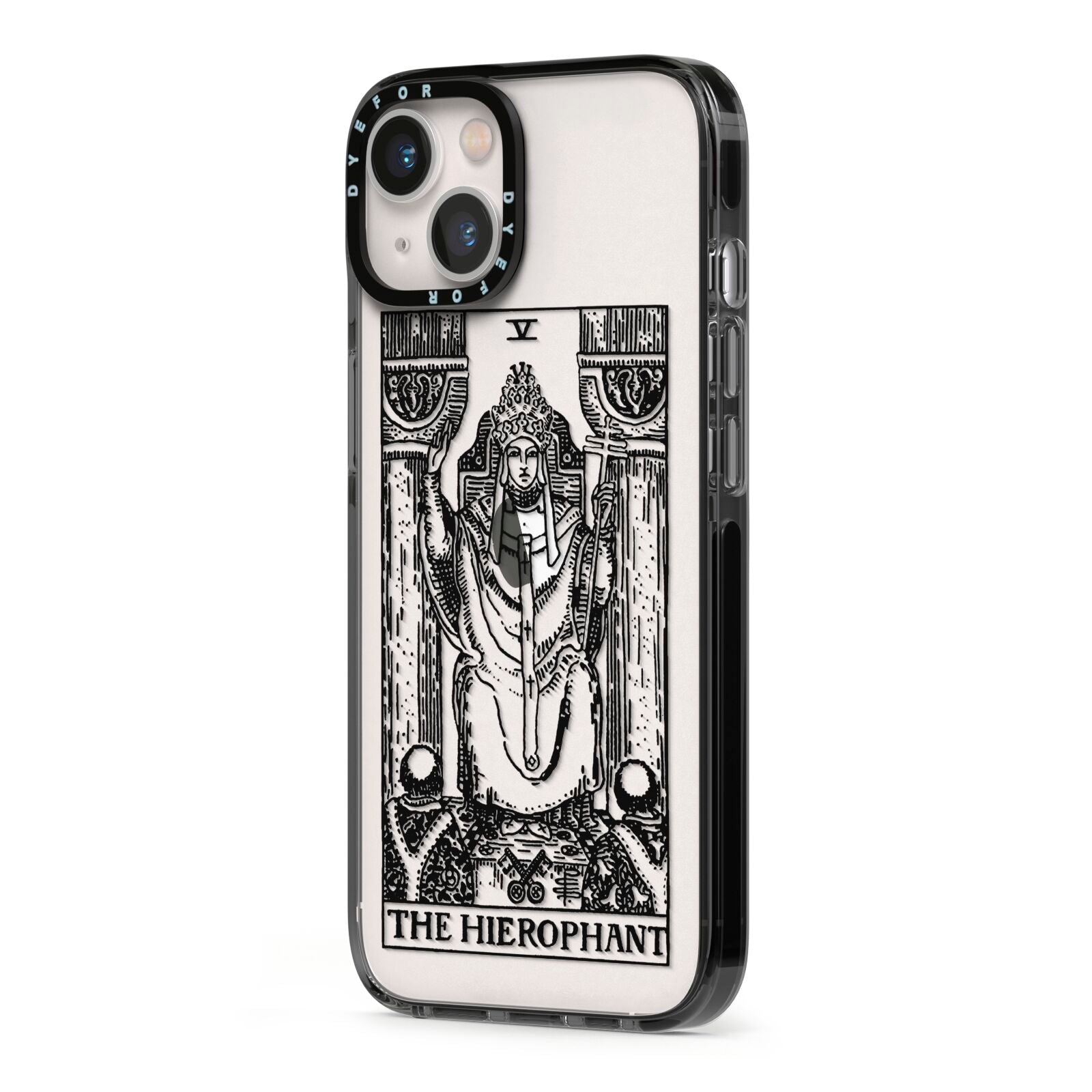 The Hierophant Monochrome Tarot Card iPhone 13 Black Impact Case Side Angle on Silver phone