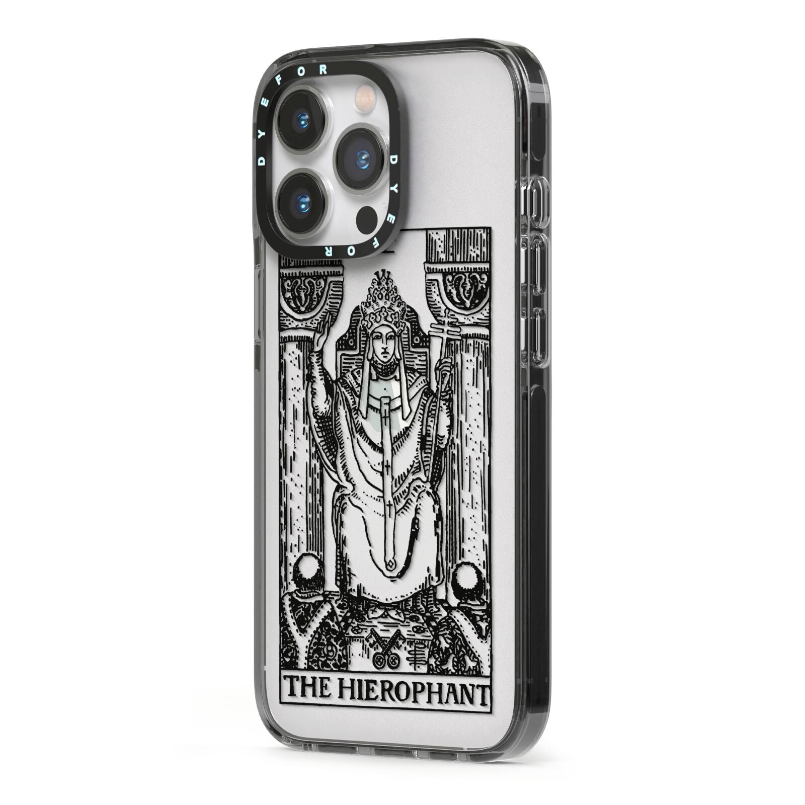 The Hierophant Monochrome Tarot Card iPhone 13 Pro Black Impact Case Side Angle on Silver phone