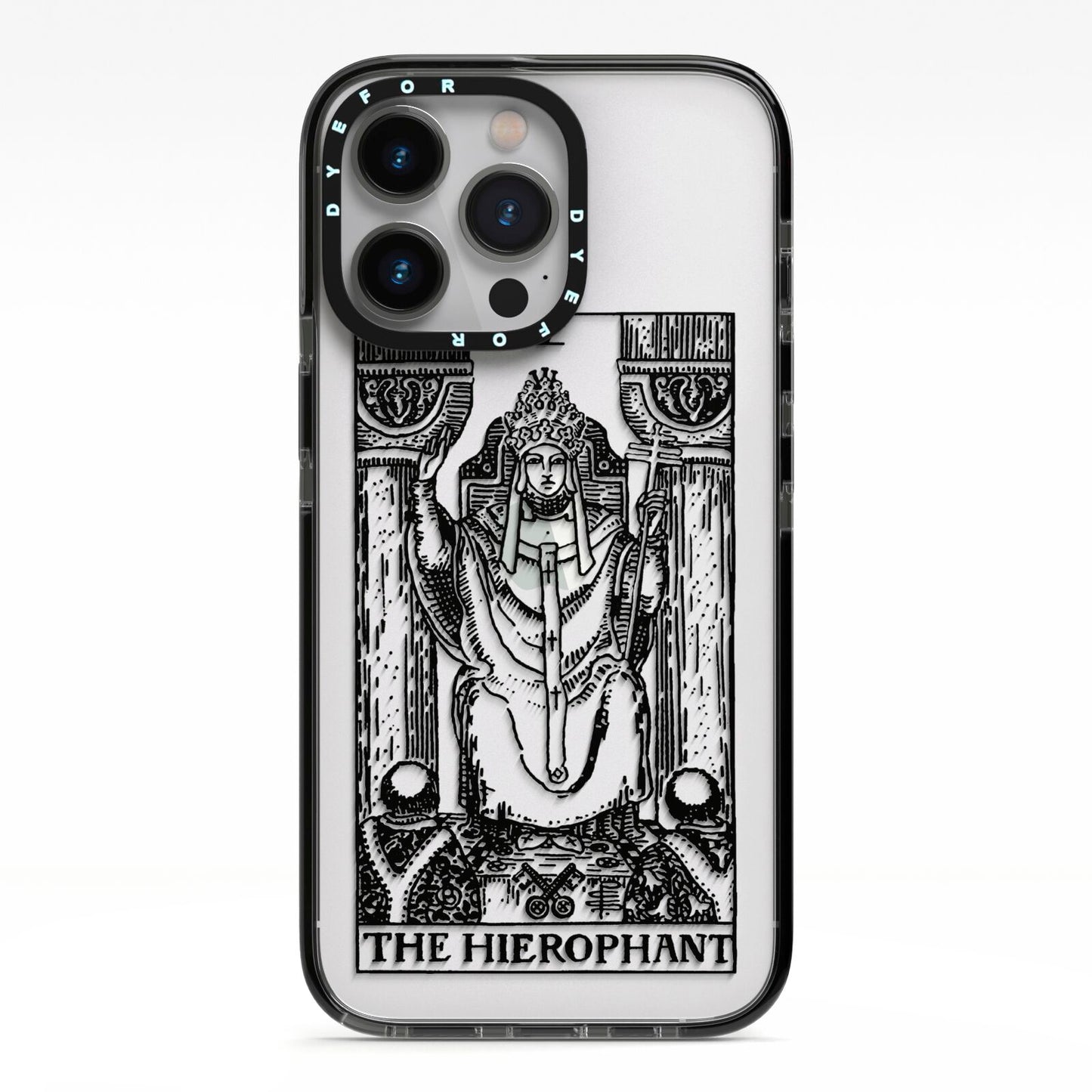 The Hierophant Monochrome Tarot Card iPhone 13 Pro Black Impact Case on Silver phone