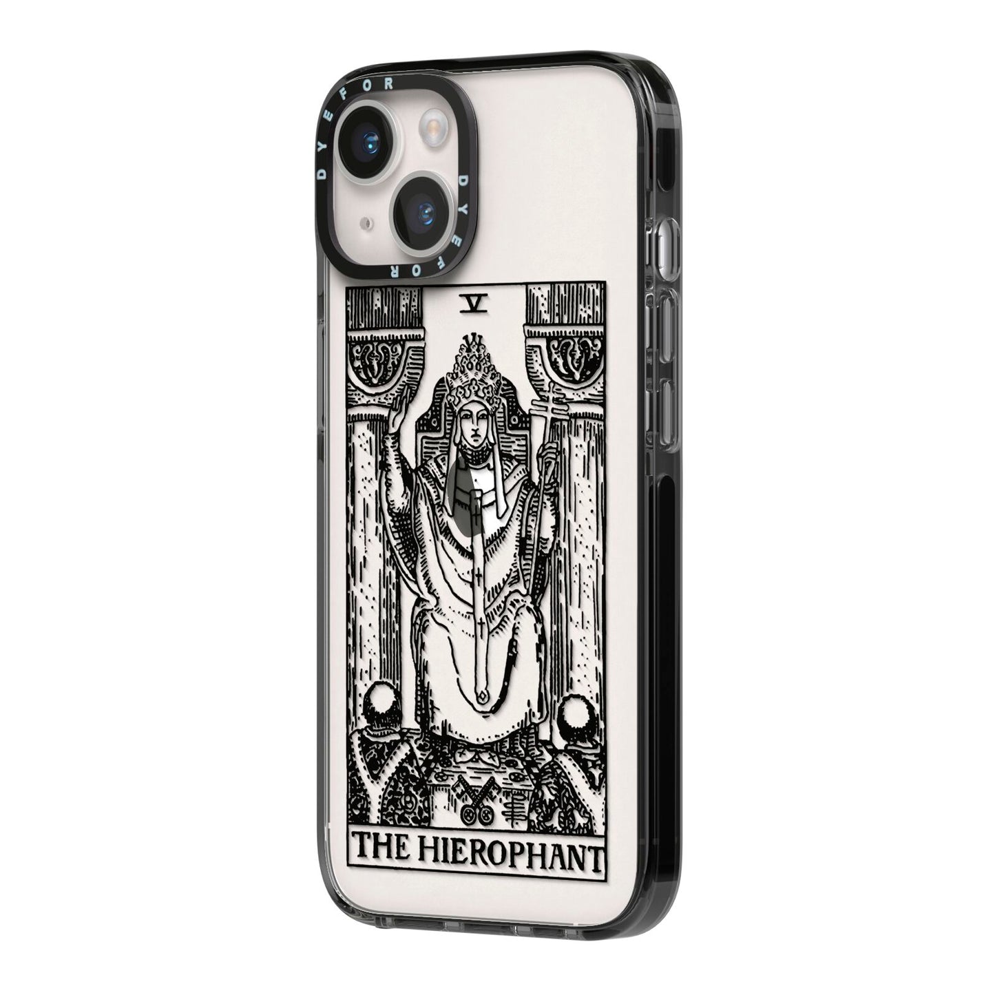 The Hierophant Monochrome Tarot Card iPhone 14 Black Impact Case Side Angle on Silver phone